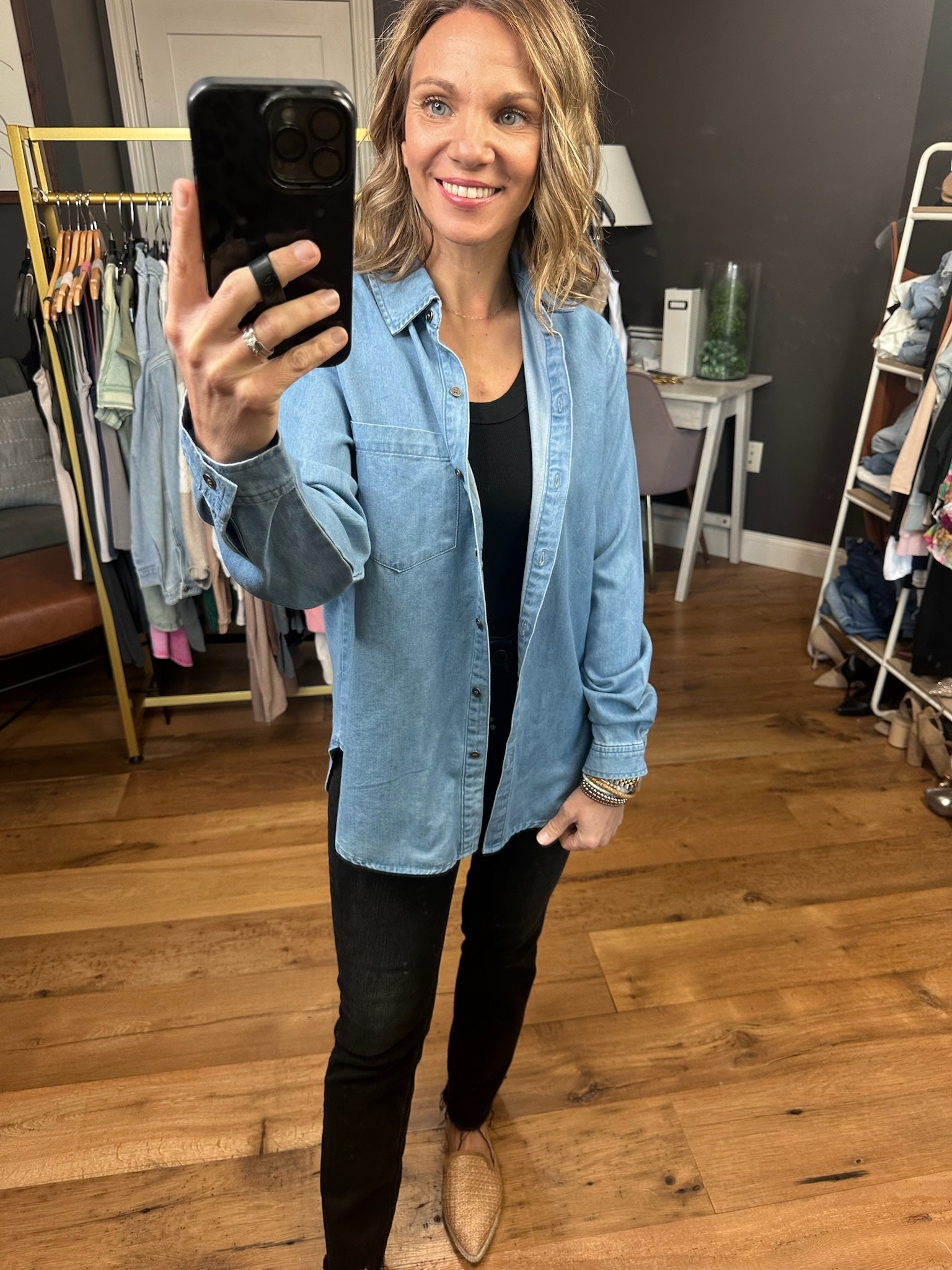 Not Giving Up Tencel Button-Down Top - Medium Wash-Long Sleeves-Be cool 19090-Anna Kaytes Boutique, Women's Fashion Boutique in Grinnell, Iowa