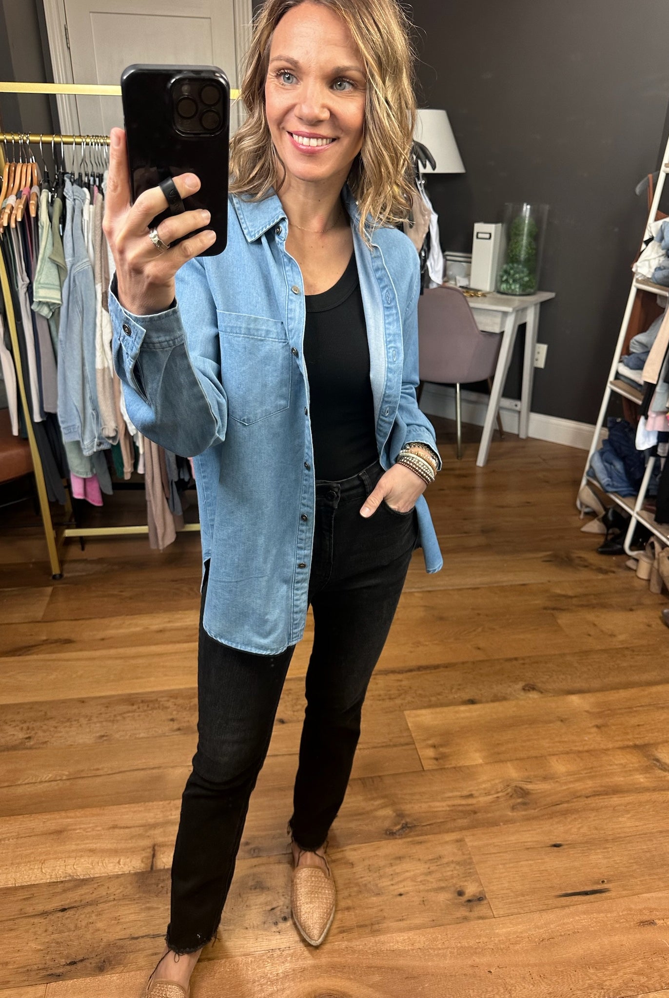 Not Giving Up Tencel Button-Down Top - Medium Wash-Long Sleeves-Be cool 19090-Anna Kaytes Boutique, Women's Fashion Boutique in Grinnell, Iowa