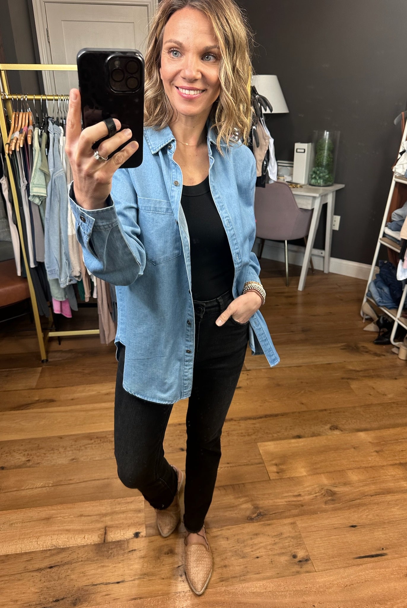 Not Giving Up Tencel Button-Down Top - Medium Wash-Long Sleeves-Be cool 19090-Anna Kaytes Boutique, Women's Fashion Boutique in Grinnell, Iowa