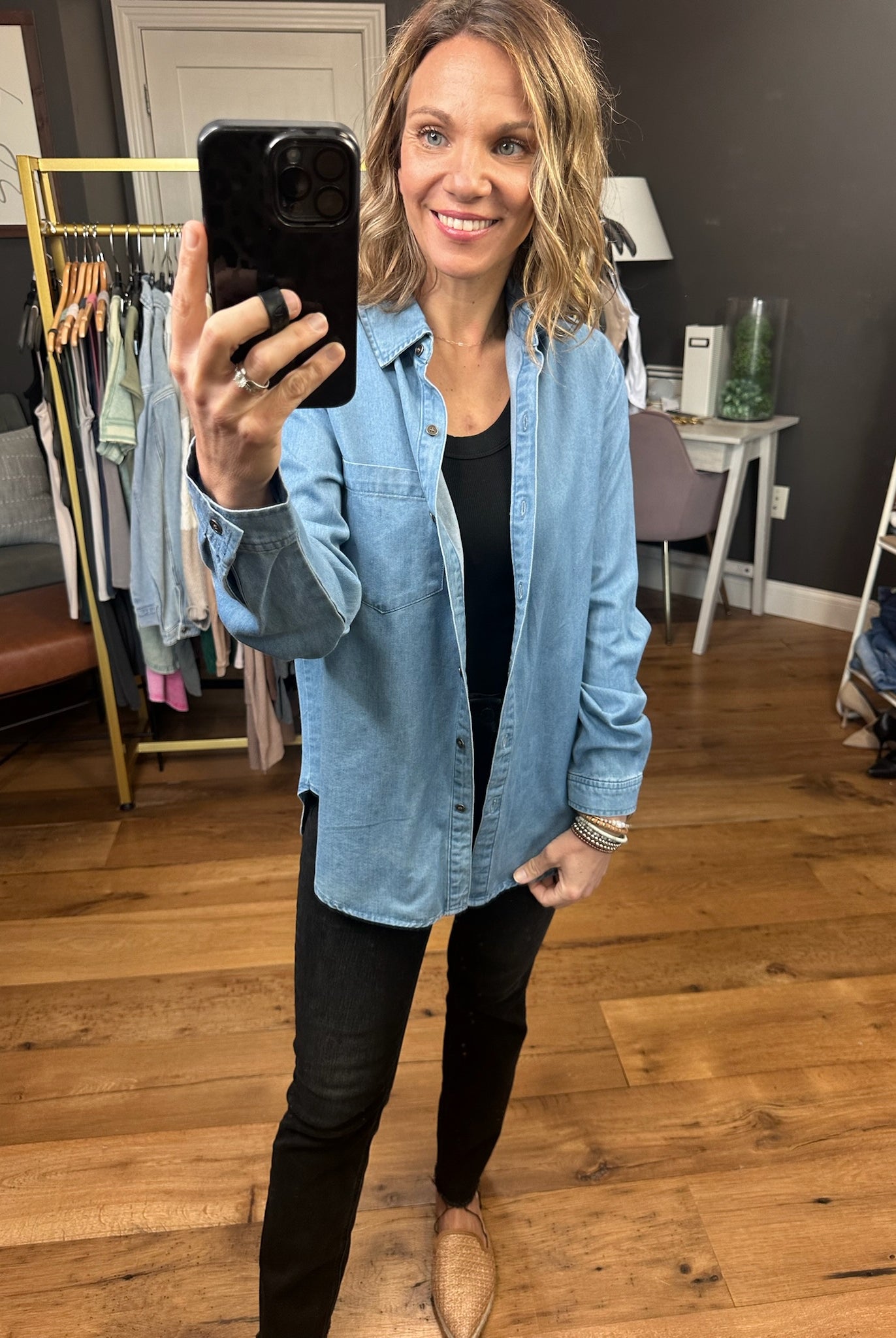 Not Giving Up Tencel Button-Down Top - Medium Wash-Long Sleeves-Be cool 19090-Anna Kaytes Boutique, Women's Fashion Boutique in Grinnell, Iowa