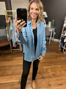 Not Giving Up Tencel Button-Down Top - Medium Wash-Long Sleeves-Be cool 19090-Anna Kaytes Boutique, Women's Fashion Boutique in Grinnell, Iowa