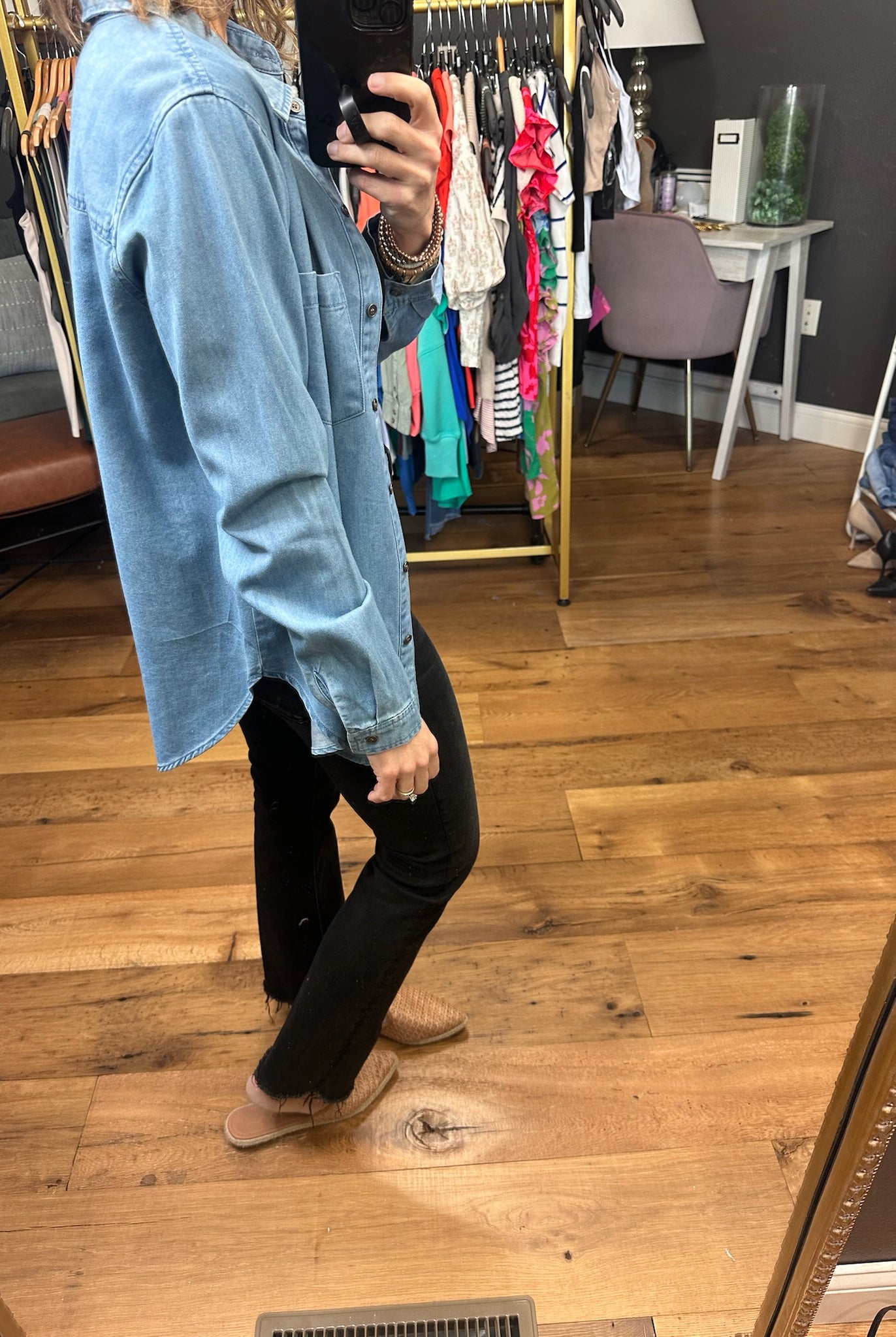 Not Giving Up Tencel Button-Down Top - Medium Wash-Long Sleeves-Be cool 19090-Anna Kaytes Boutique, Women's Fashion Boutique in Grinnell, Iowa