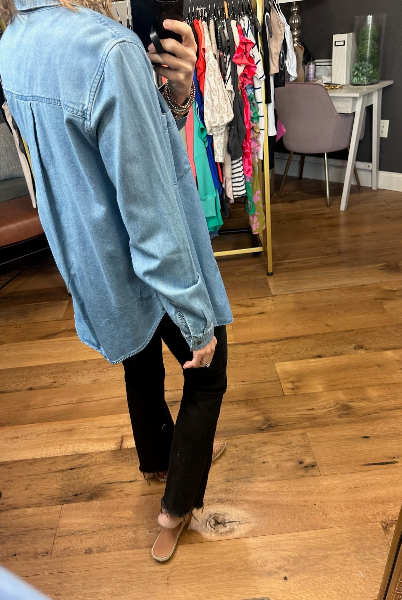 Not Giving Up Tencel Button-Down Top - Medium Wash-Long Sleeves-Be cool 19090-Anna Kaytes Boutique, Women's Fashion Boutique in Grinnell, Iowa