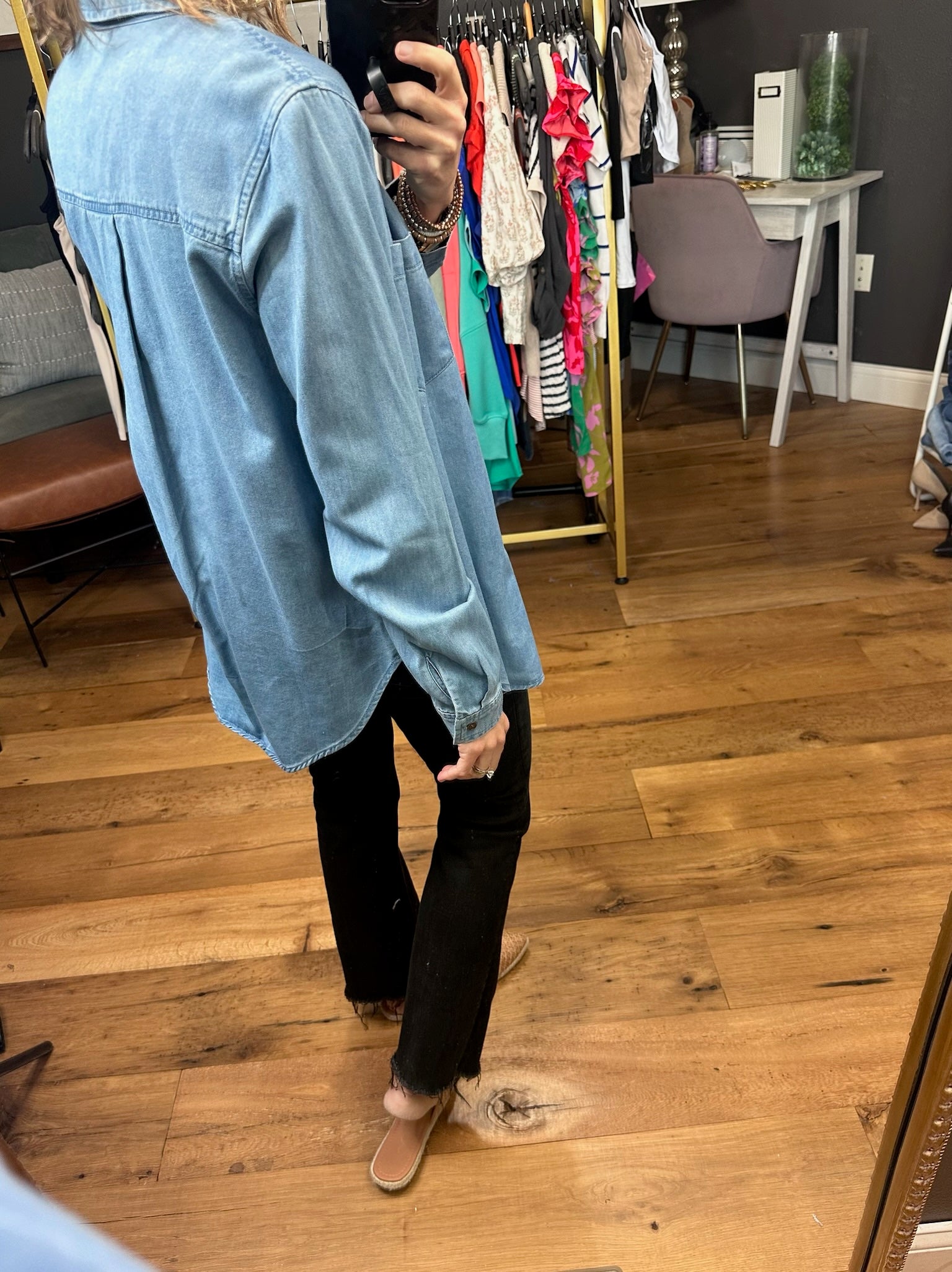 Not Giving Up Tencel Button-Down Top - Medium Wash-Long Sleeves-Be cool 19090-Anna Kaytes Boutique, Women's Fashion Boutique in Grinnell, Iowa