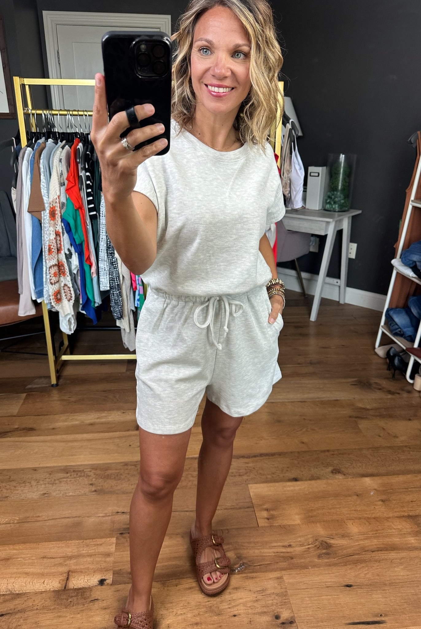 Sharing Stories Tie-Waist Romper - Heather Grey-Rompers-Wishlist-Anna Kaytes Boutique, Women's Fashion Boutique in Grinnell, Iowa