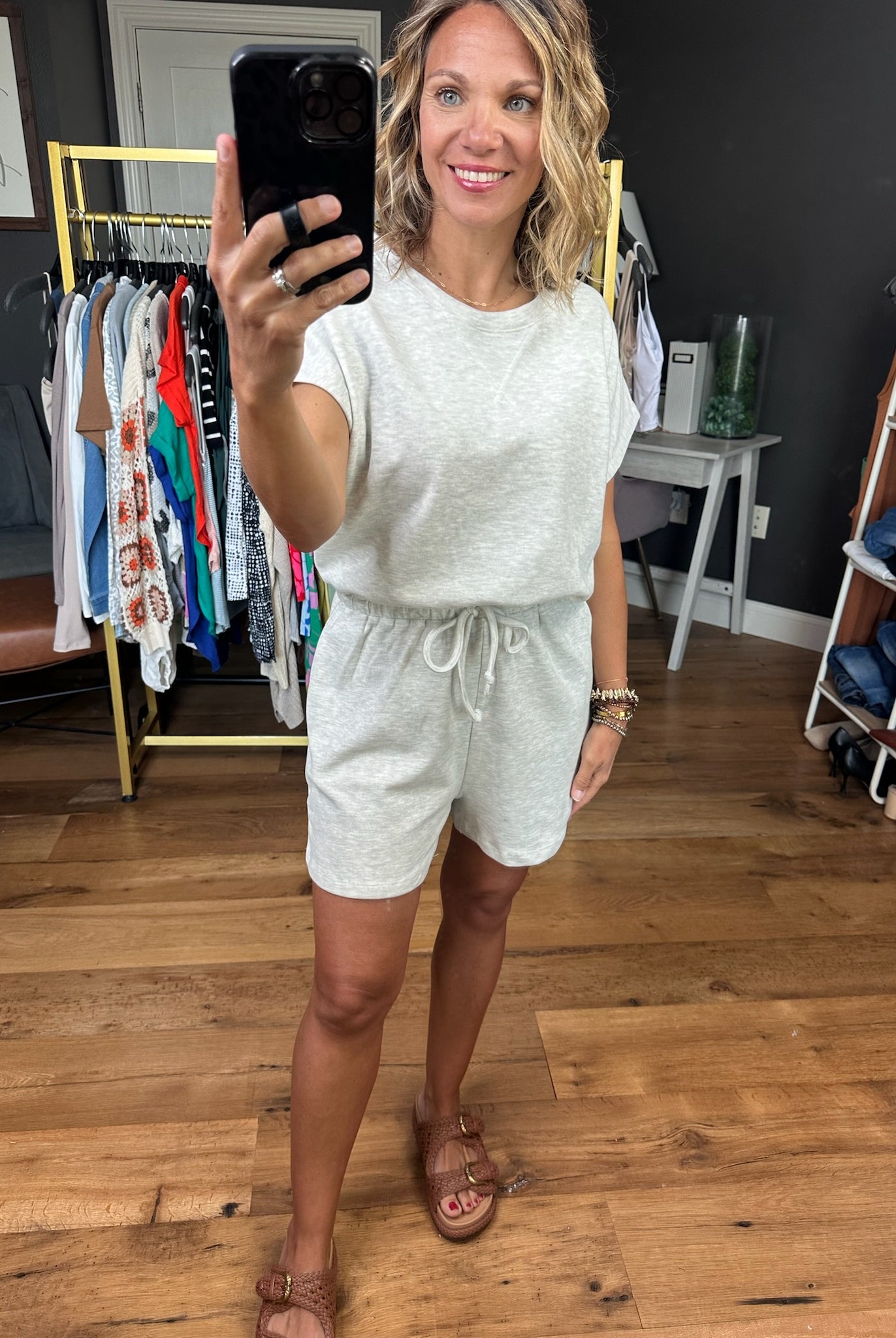 Sharing Stories Tie-Waist Romper - Heather Grey-Rompers-Wishlist-Anna Kaytes Boutique, Women's Fashion Boutique in Grinnell, Iowa