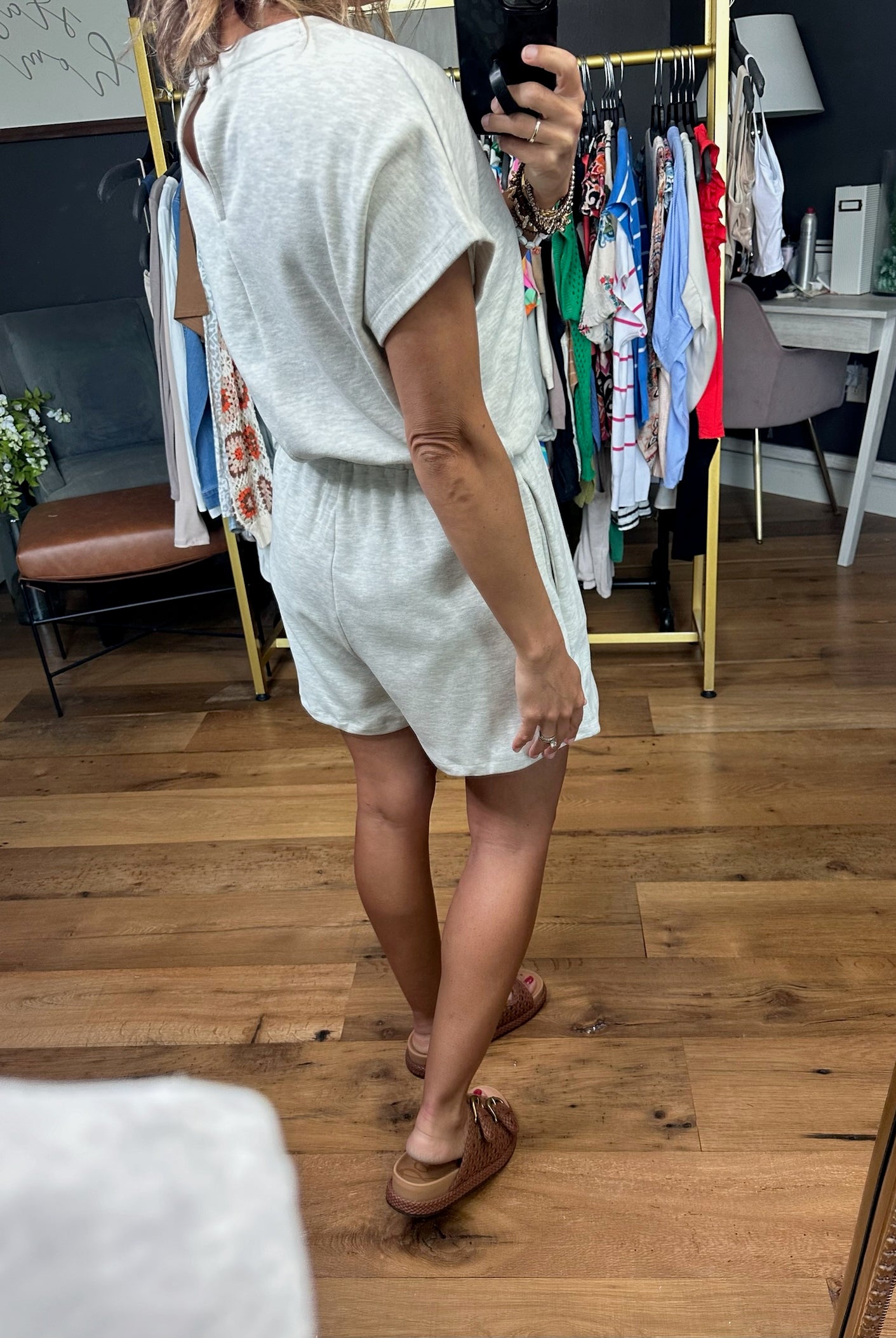 Sharing Stories Tie-Waist Romper - Heather Grey-Rompers-Wishlist-Anna Kaytes Boutique, Women's Fashion Boutique in Grinnell, Iowa