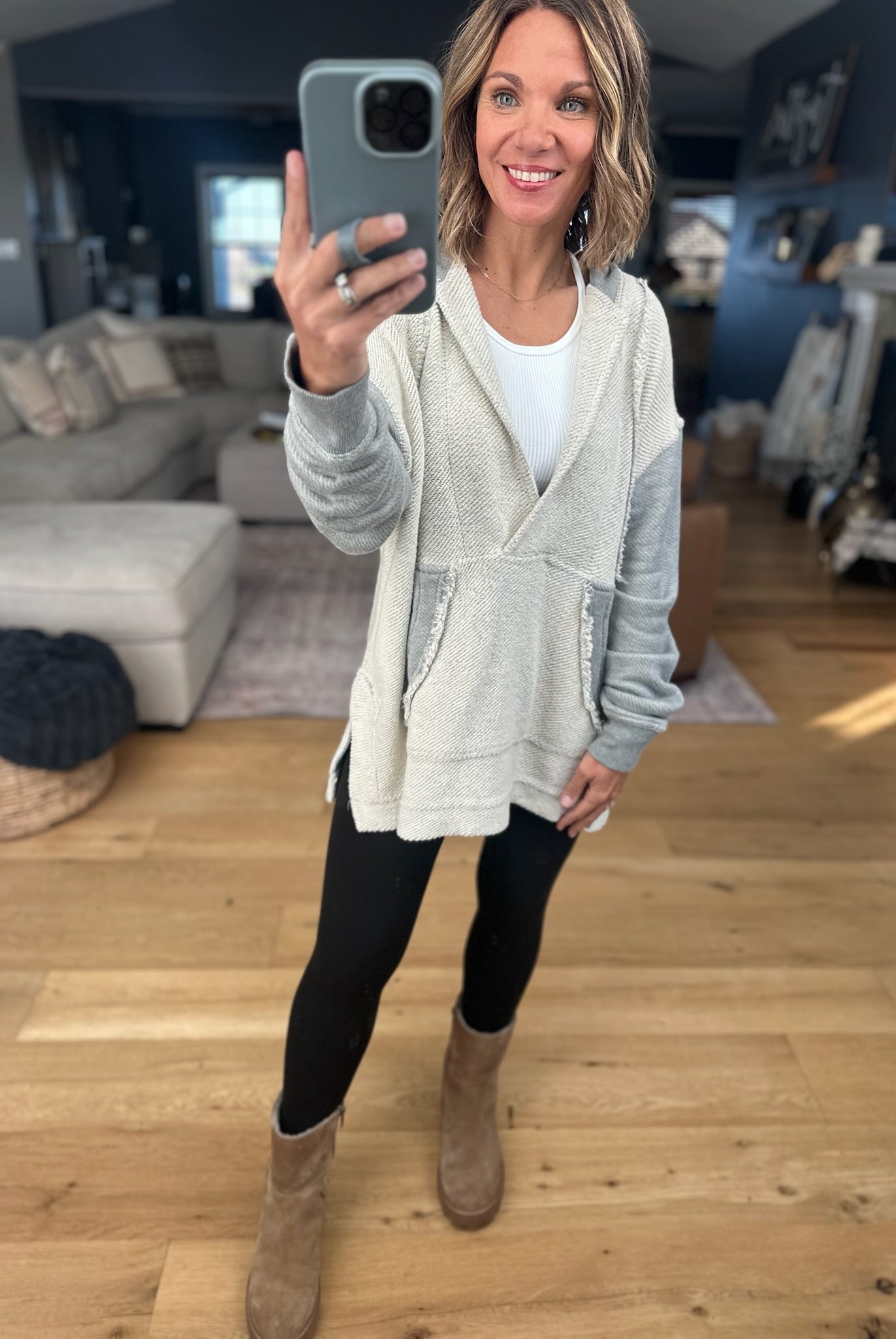 Hanging On Inside Out V-Neck Hoodie-Sweaters-Mono B-Anna Kaytes Boutique, Women's Fashion Boutique in Grinnell, Iowa