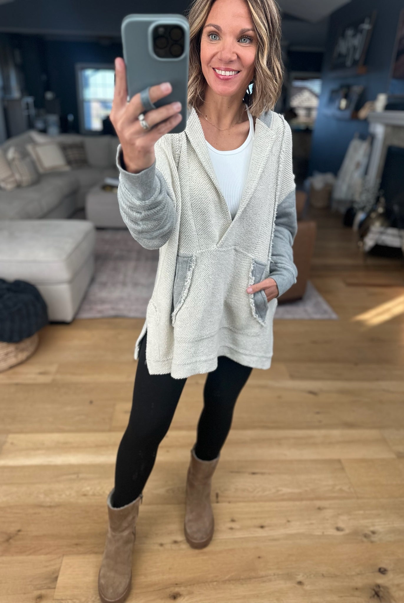 Hanging On Inside Out V-Neck Hoodie-Sweaters-Mono B-Anna Kaytes Boutique, Women's Fashion Boutique in Grinnell, Iowa