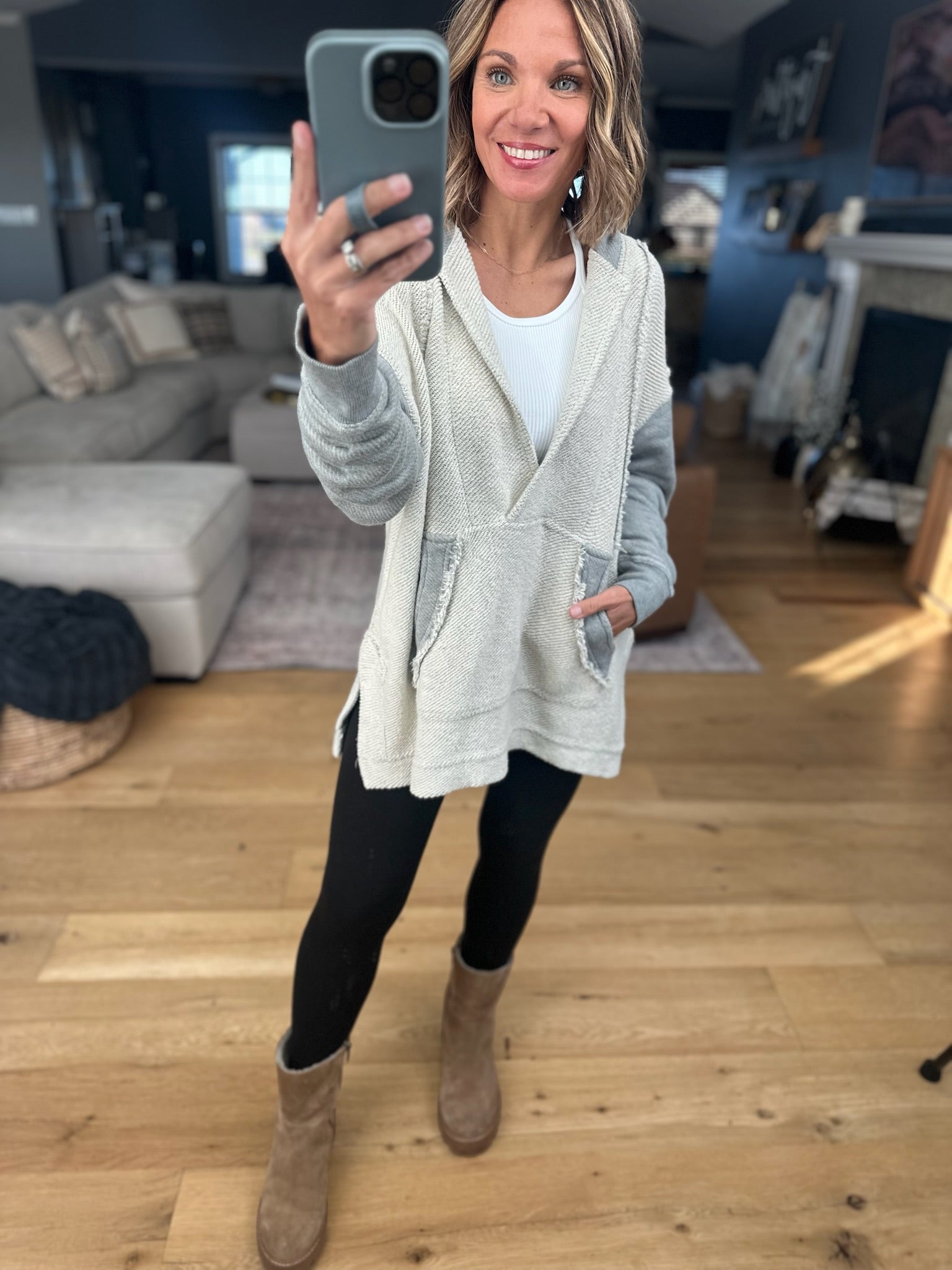 Hanging On Inside Out V-Neck Hoodie-Sweaters-Mono B-Anna Kaytes Boutique, Women's Fashion Boutique in Grinnell, Iowa