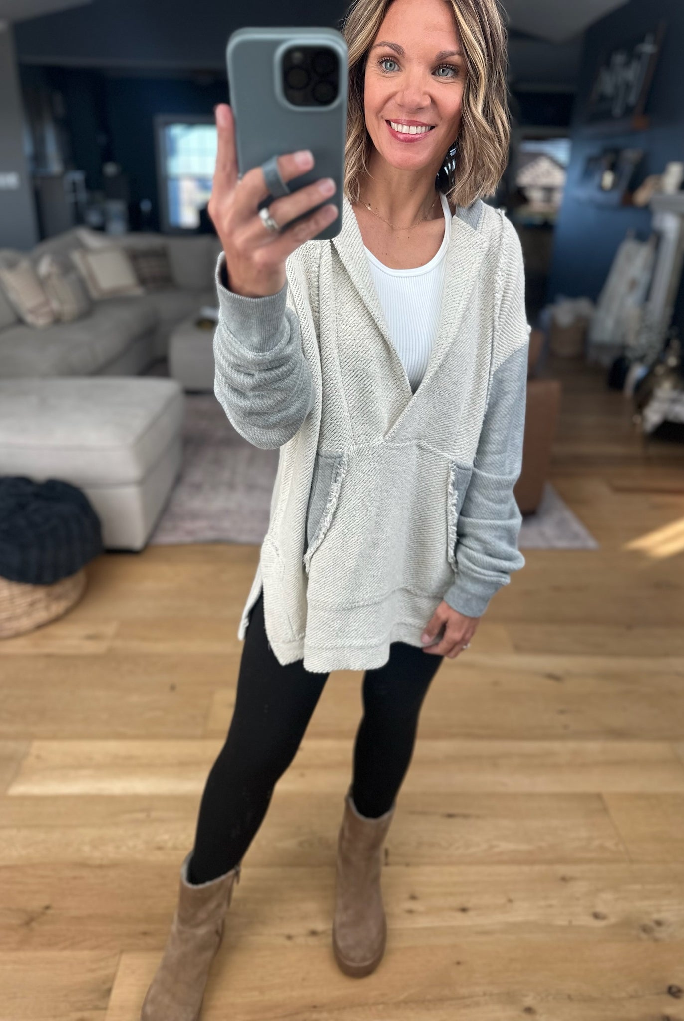 Hanging On Inside Out V-Neck Hoodie-Sweaters-Mono B-Anna Kaytes Boutique, Women's Fashion Boutique in Grinnell, Iowa