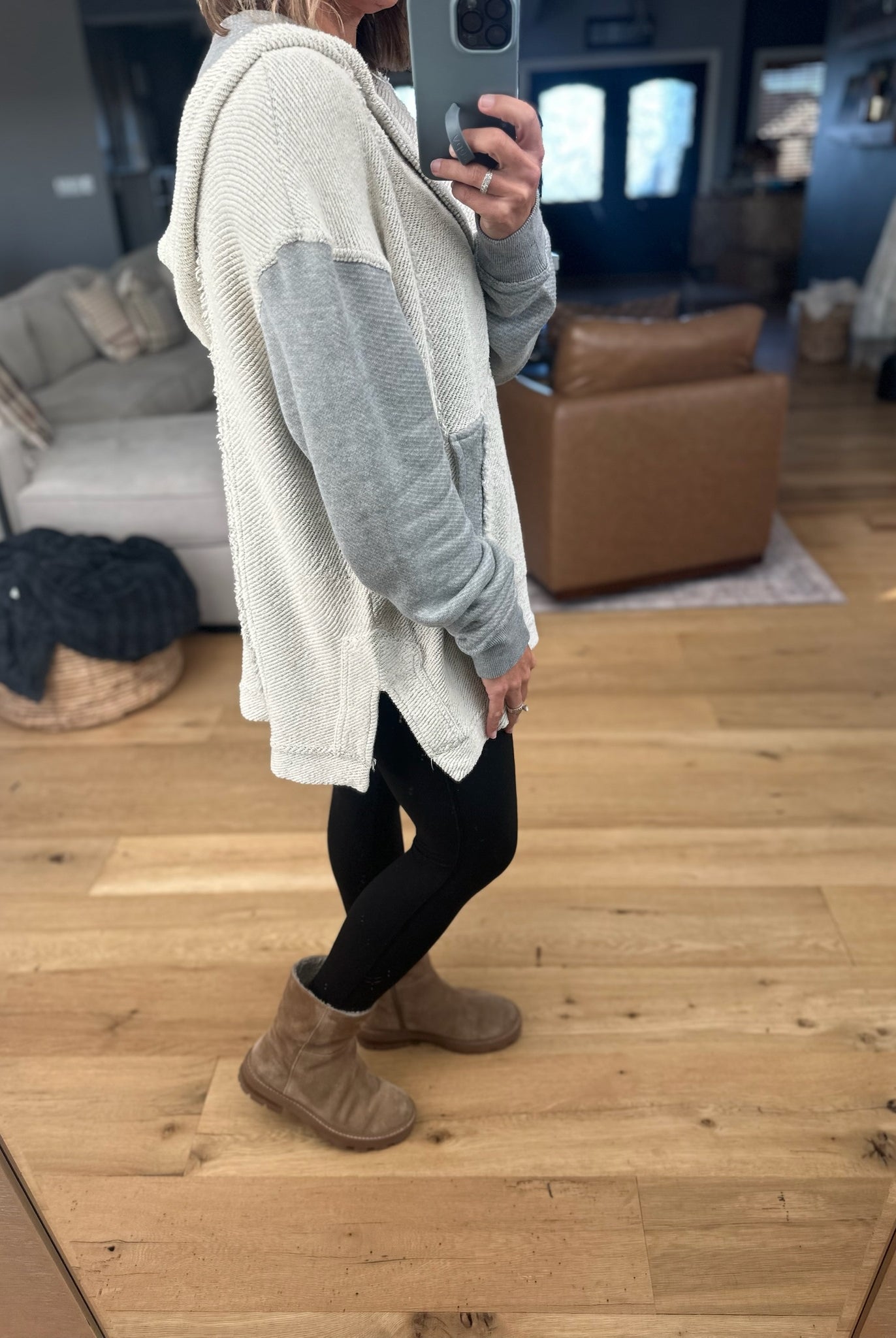 Hanging On Inside Out V-Neck Hoodie-Sweaters-Mono B-Anna Kaytes Boutique, Women's Fashion Boutique in Grinnell, Iowa