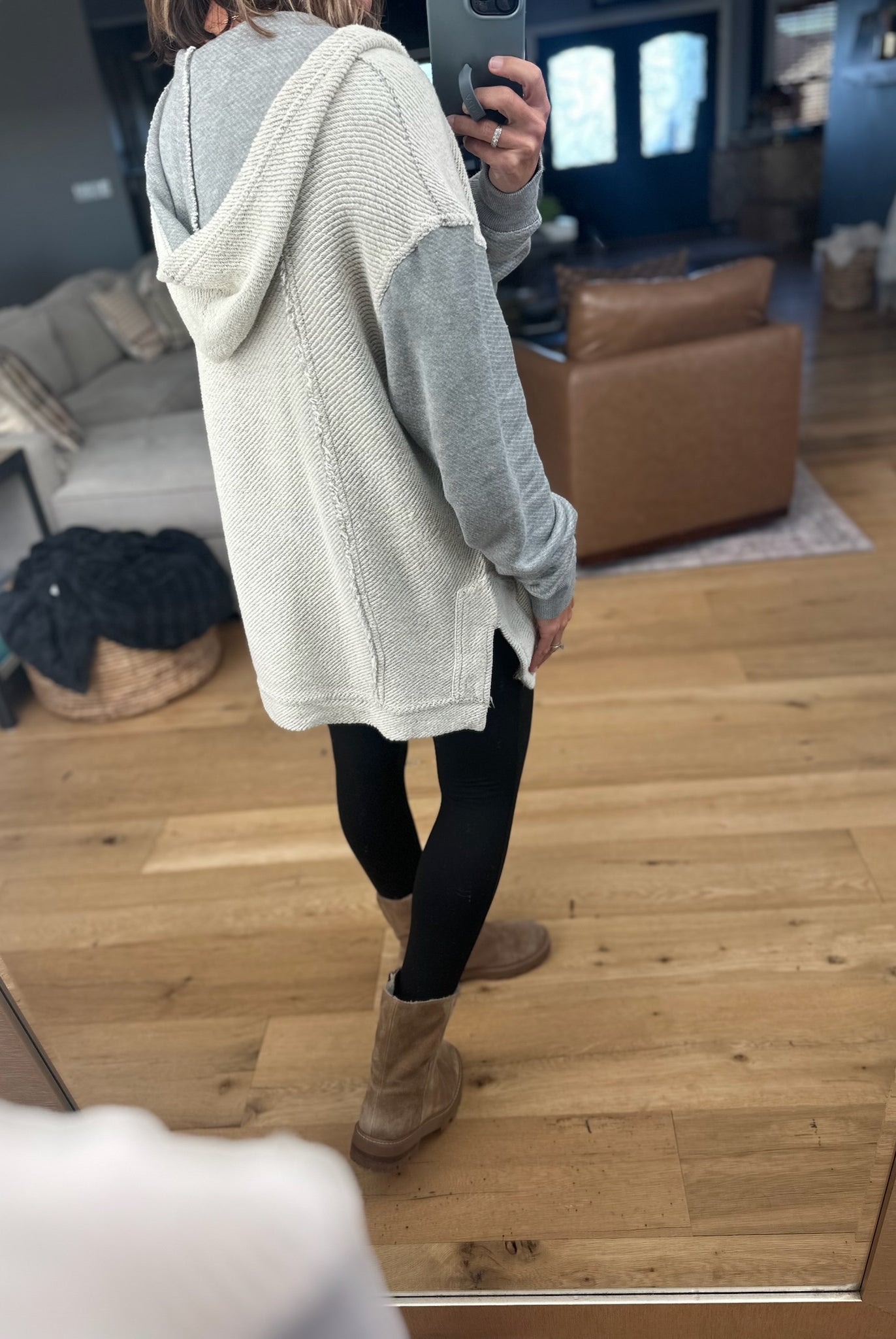 Hanging On Inside Out V-Neck Hoodie-Sweaters-Mono B-Anna Kaytes Boutique, Women's Fashion Boutique in Grinnell, Iowa