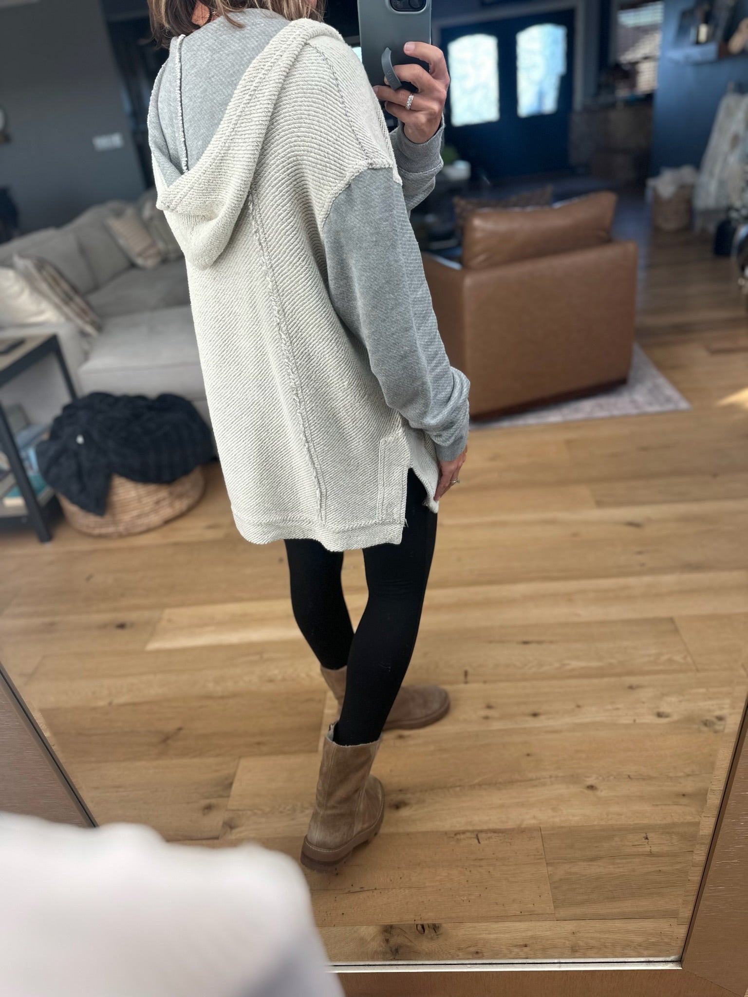 Hanging On Inside Out V-Neck Hoodie-Sweaters-Mono B-Anna Kaytes Boutique, Women's Fashion Boutique in Grinnell, Iowa