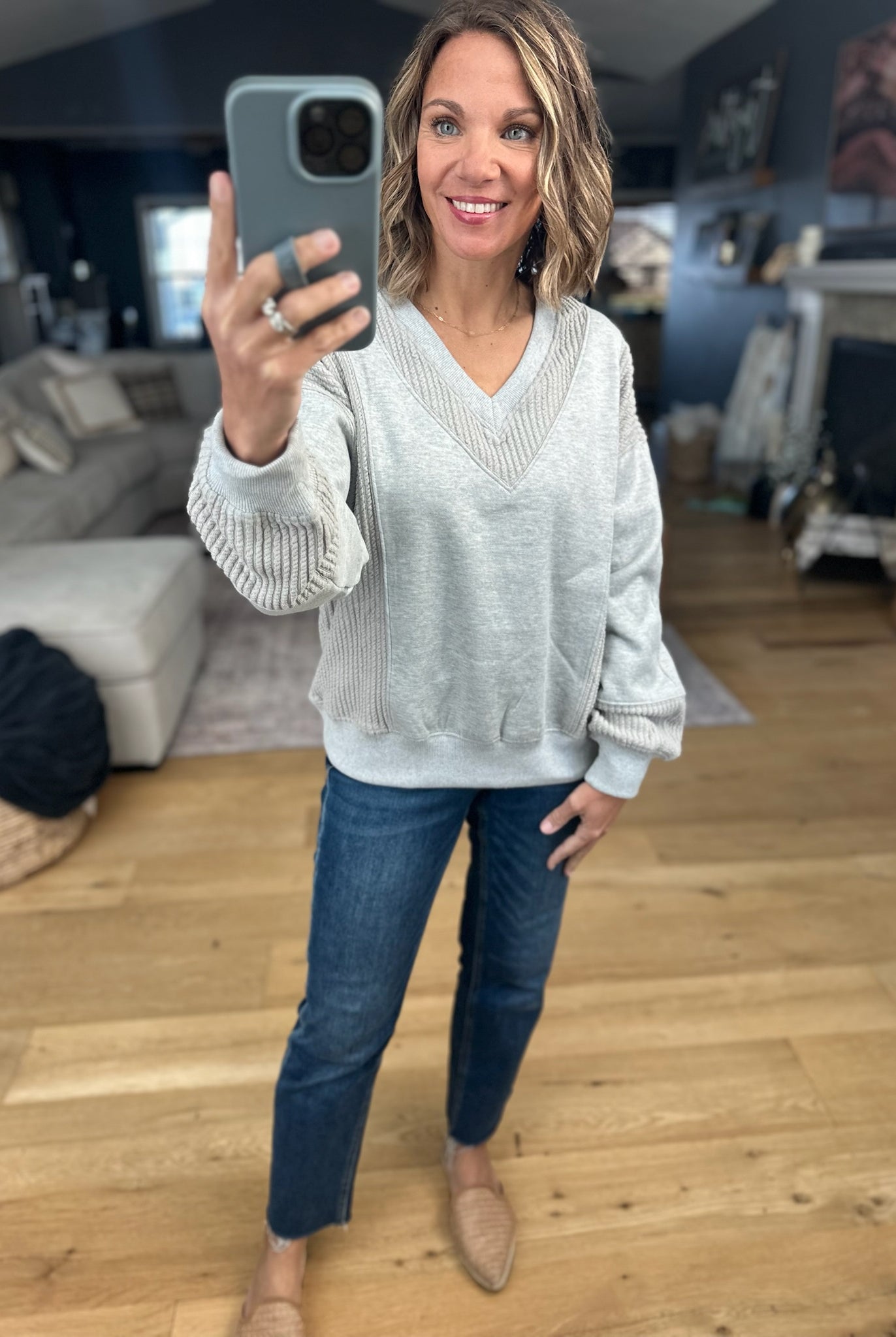 More True Textured V-Neck Sweatshirt-Sweaters-Doe & Rae-Anna Kaytes Boutique, Women's Fashion Boutique in Grinnell, Iowa