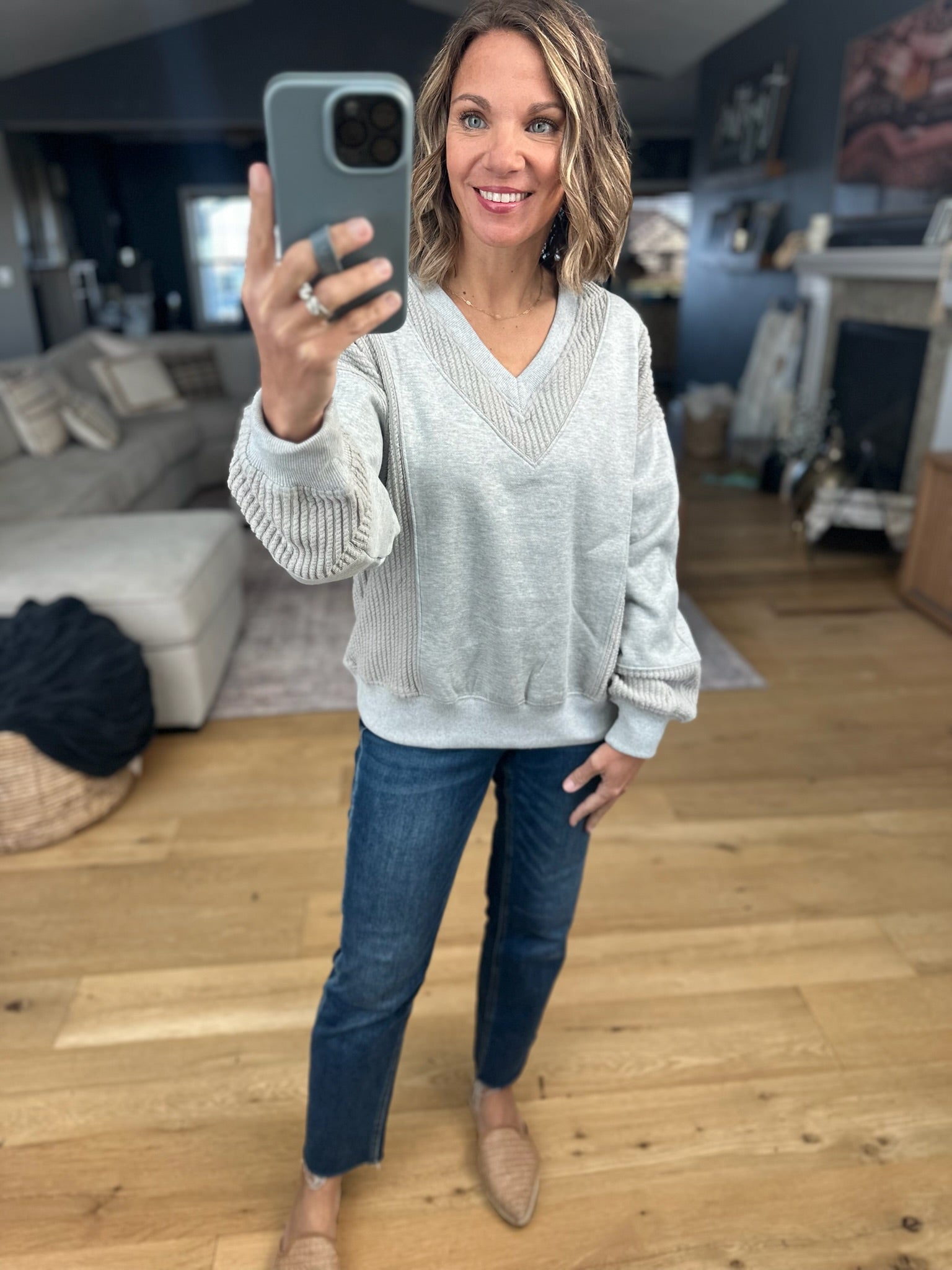 More True Textured V-Neck Sweatshirt-Sweaters-Doe & Rae-Anna Kaytes Boutique, Women's Fashion Boutique in Grinnell, Iowa