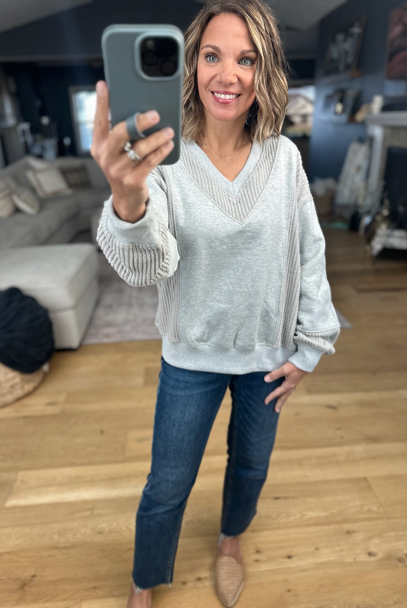 More True Textured V-Neck Sweatshirt-Sweaters-Doe & Rae-Anna Kaytes Boutique, Women's Fashion Boutique in Grinnell, Iowa