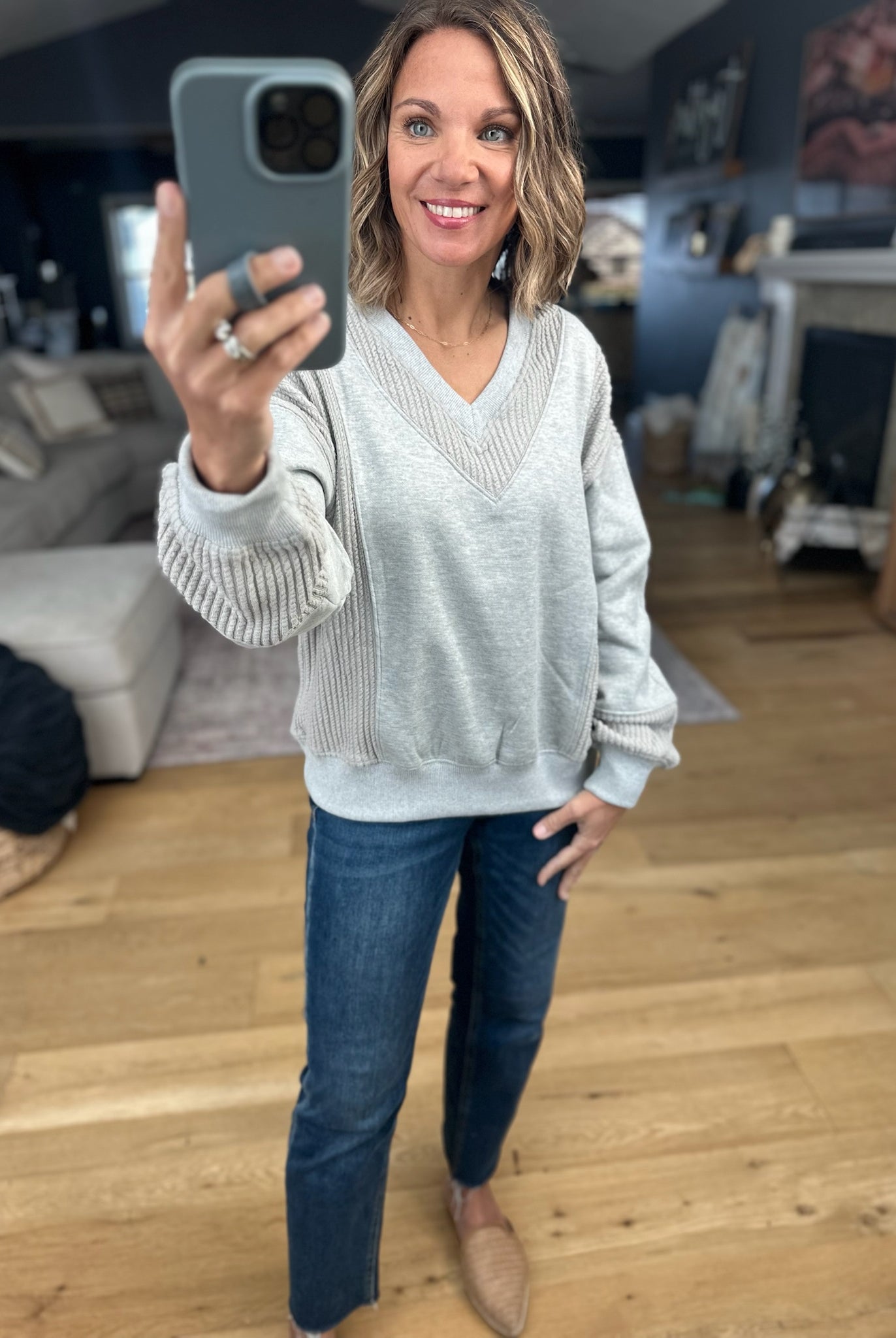 More True Textured V-Neck Sweatshirt-Sweaters-Doe & Rae-Anna Kaytes Boutique, Women's Fashion Boutique in Grinnell, Iowa