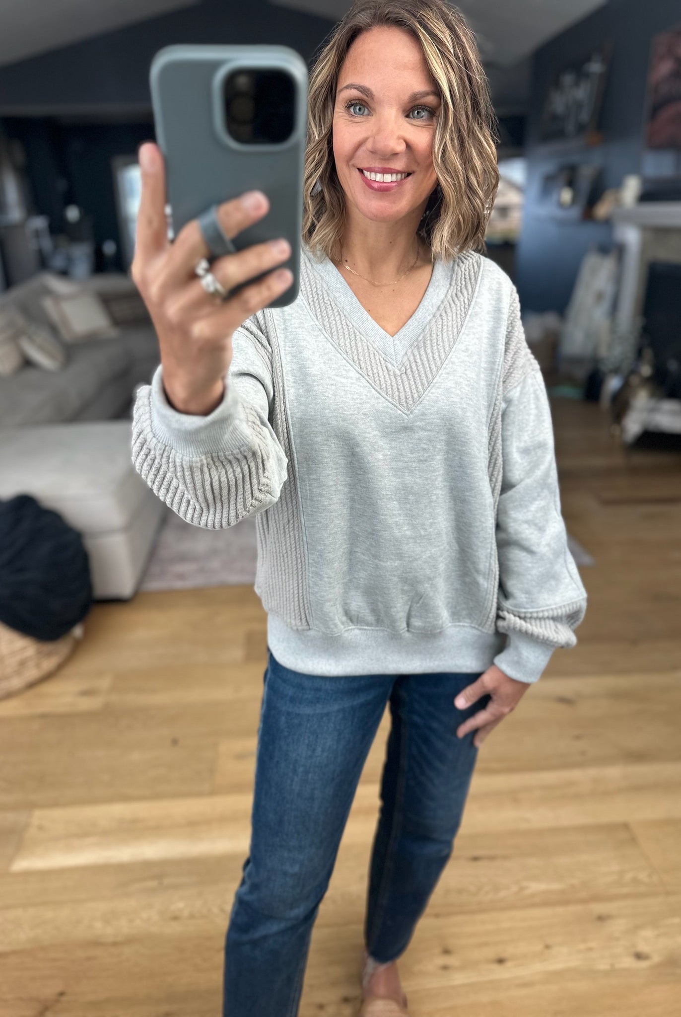More True Textured V-Neck Sweatshirt-Sweaters-Doe & Rae-Anna Kaytes Boutique, Women's Fashion Boutique in Grinnell, Iowa