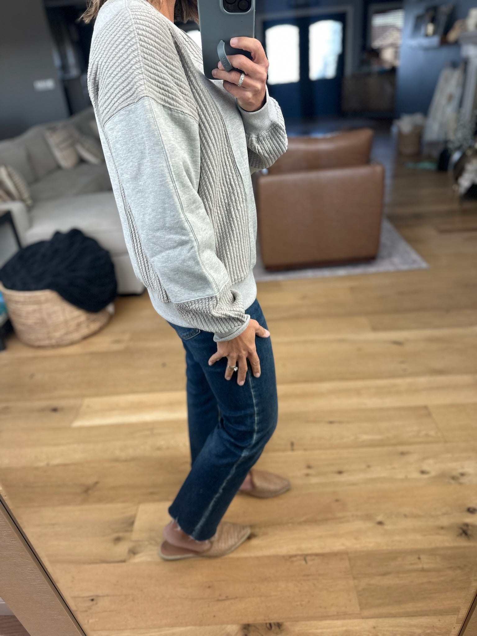 More True Textured V-Neck Sweatshirt-Sweaters-Doe & Rae-Anna Kaytes Boutique, Women's Fashion Boutique in Grinnell, Iowa