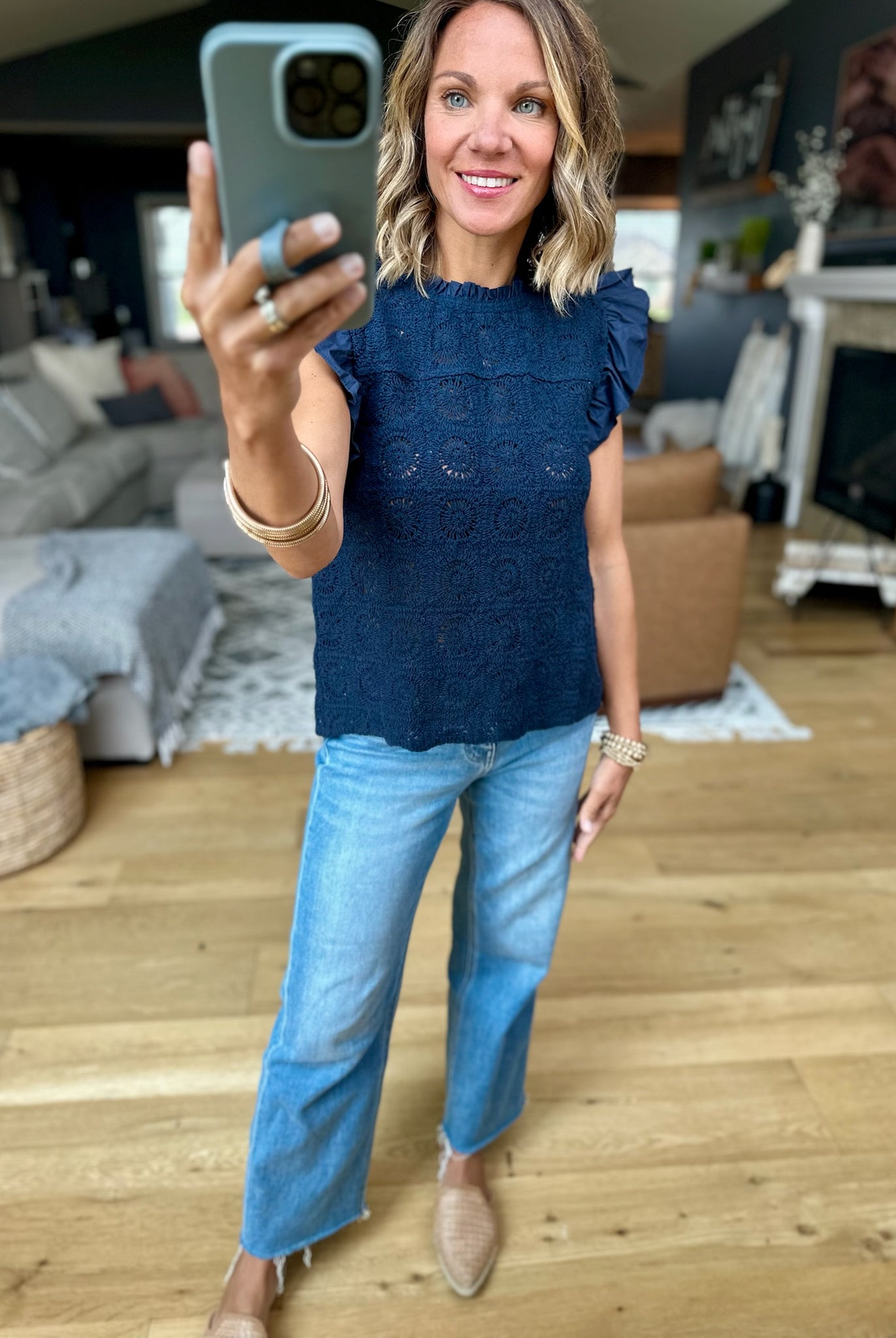 Wild Whispers Lace Flutter Sleeve Top-Skies Are Blue-Anna Kaytes Boutique, Women's Fashion Boutique in Grinnell, Iowa