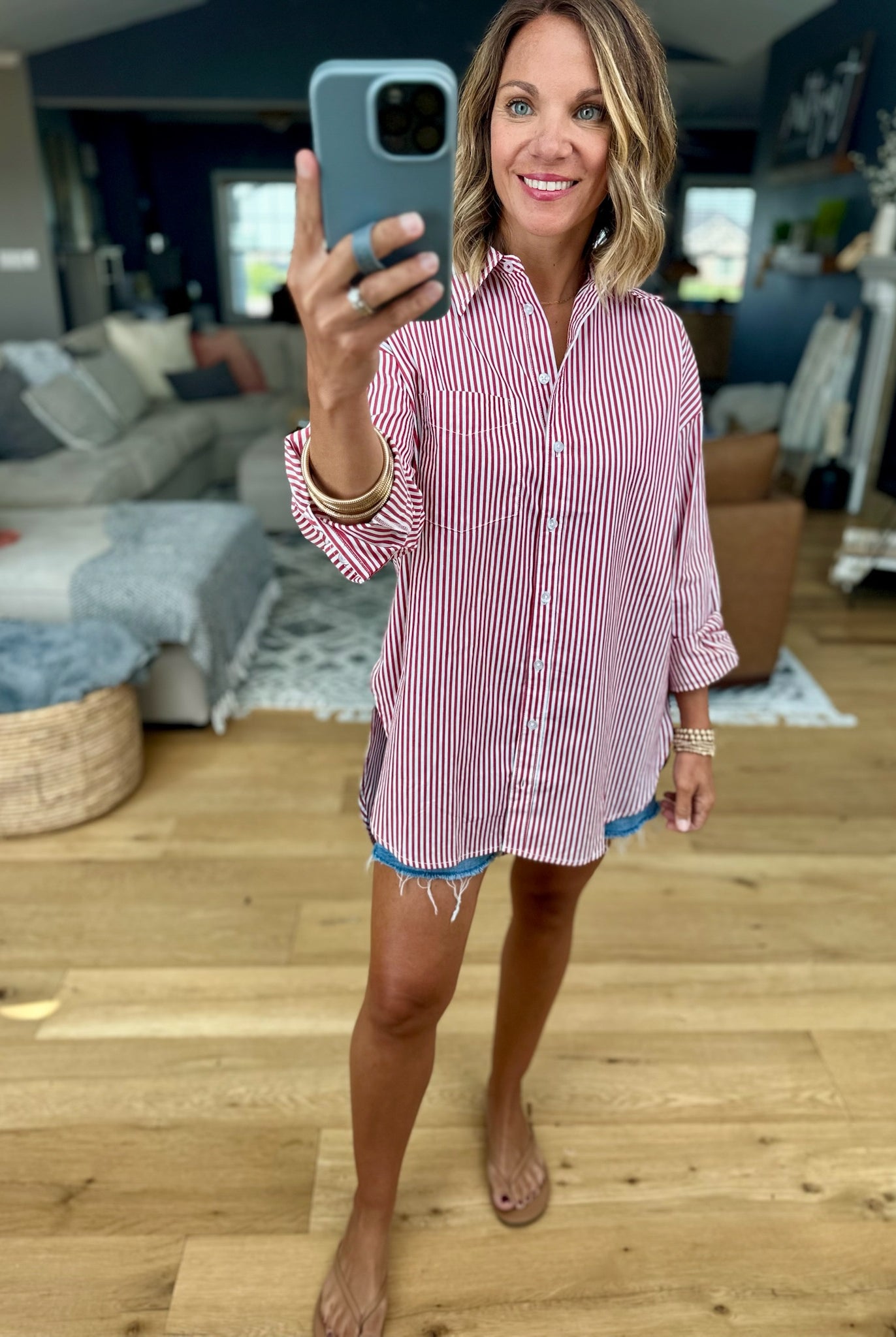 Rosy Romance Striped Button-Down-Star Drop-Anna Kaytes Boutique, Women's Fashion Boutique in Grinnell, Iowa