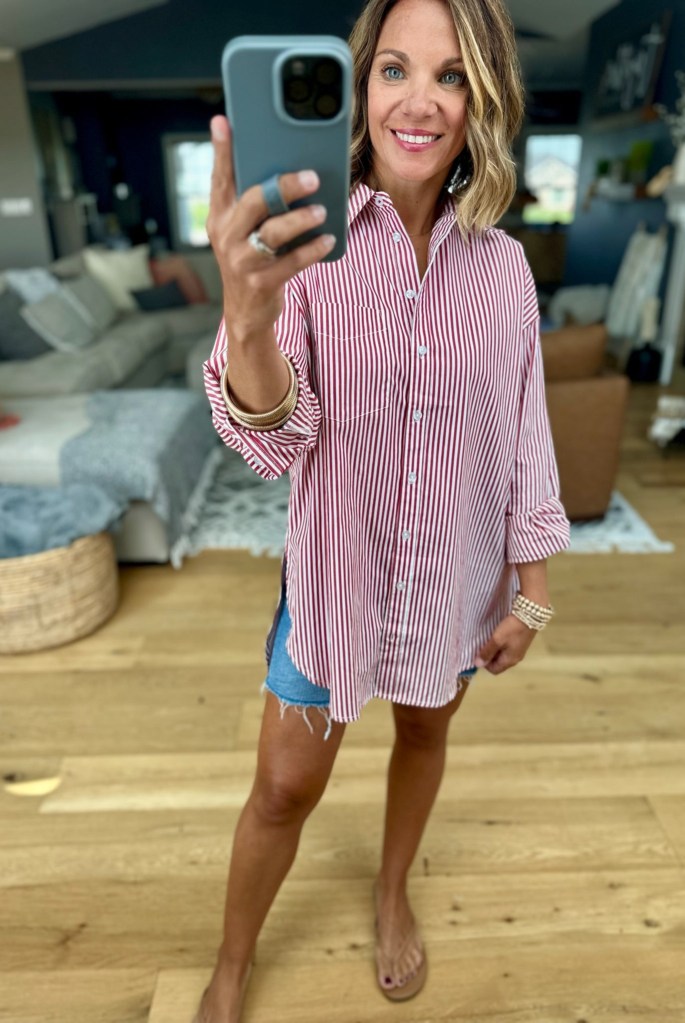 Rosy Romance Striped Button-Down-Star Drop-Anna Kaytes Boutique, Women's Fashion Boutique in Grinnell, Iowa