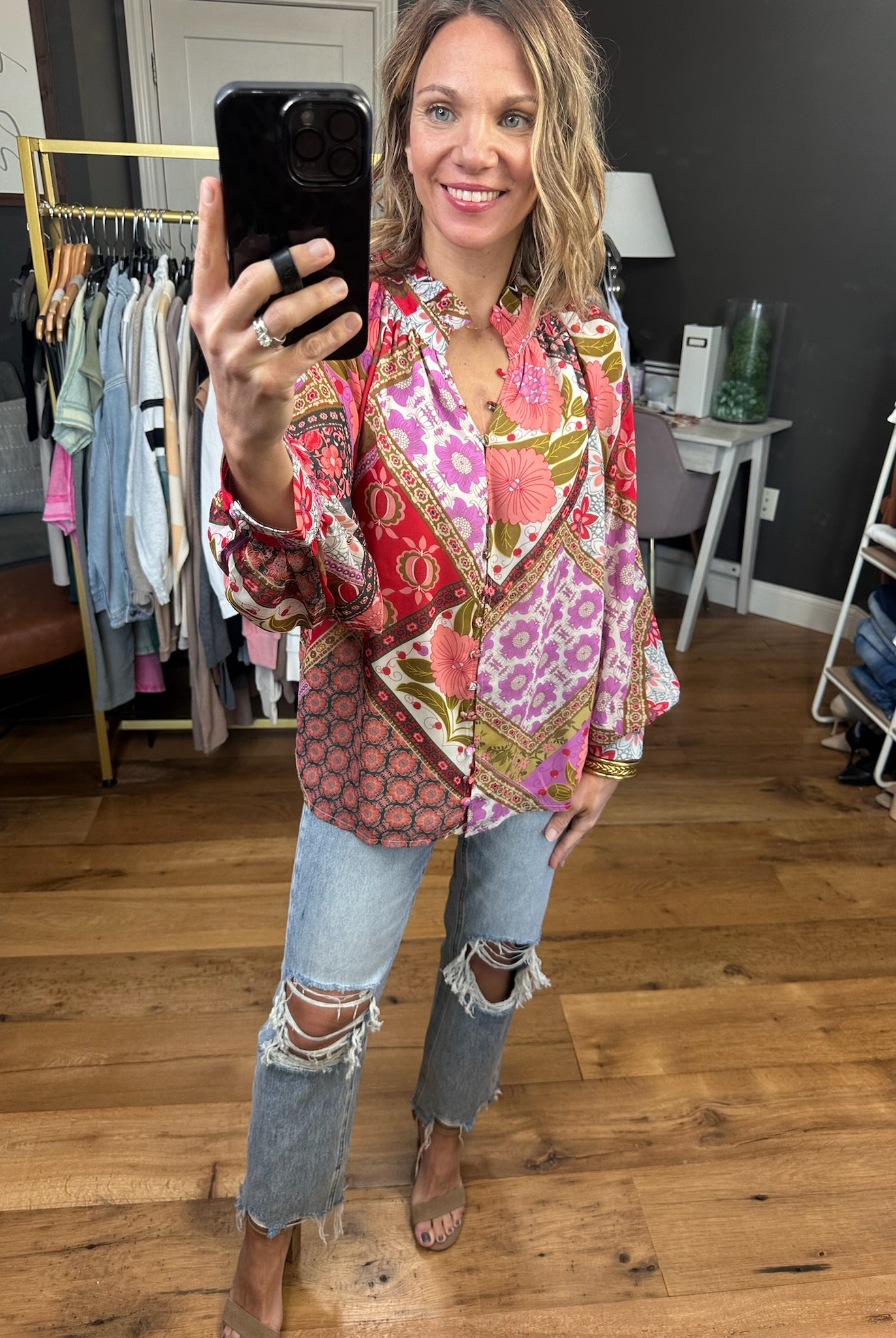 Love On Top Patterned Button-Down Top - Multi-Long Sleeves-Entro T22052-Anna Kaytes Boutique, Women's Fashion Boutique in Grinnell, Iowa