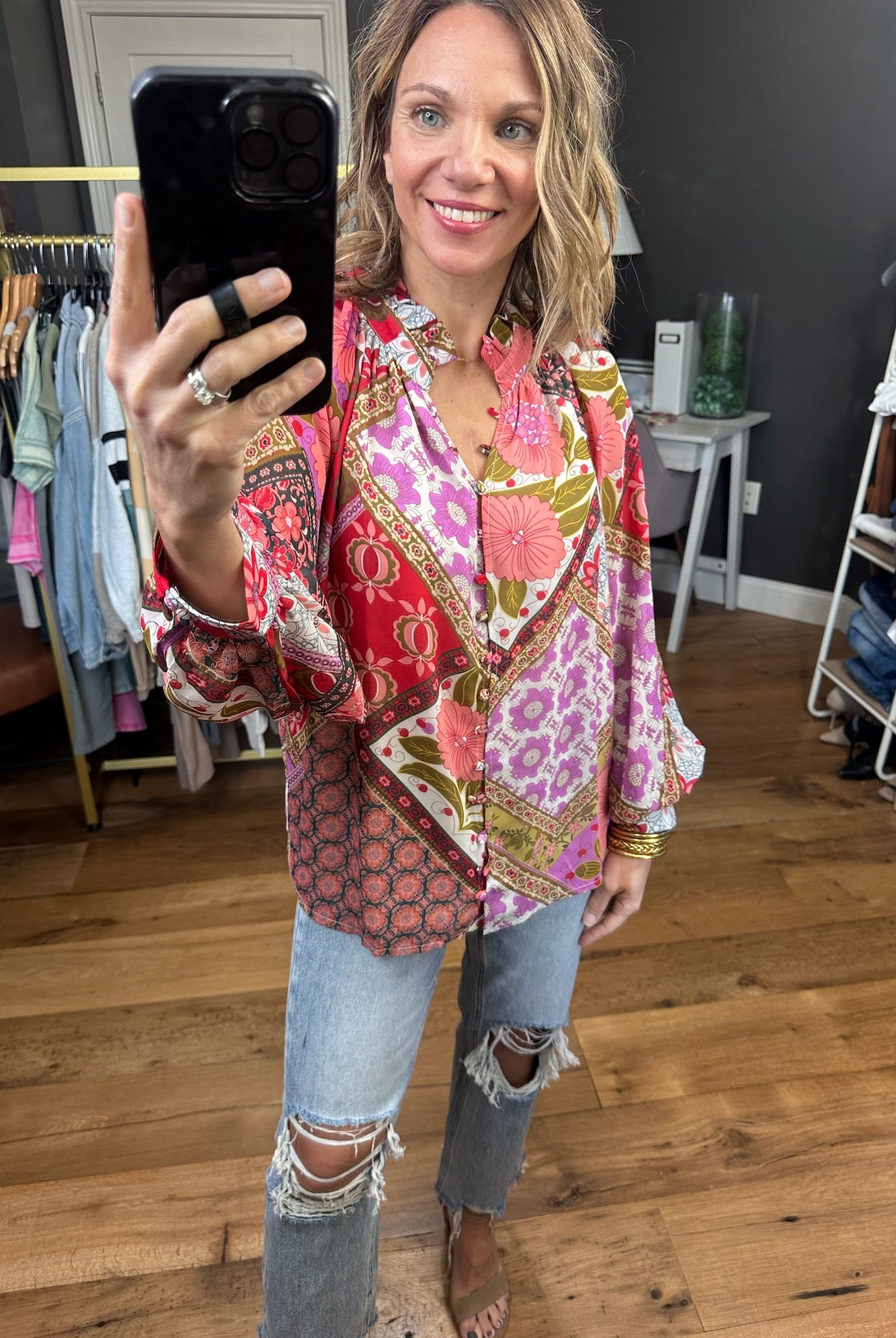 Love On Top Patterned Button-Down Top - Multi-Long Sleeves-Entro T22052-Anna Kaytes Boutique, Women's Fashion Boutique in Grinnell, Iowa