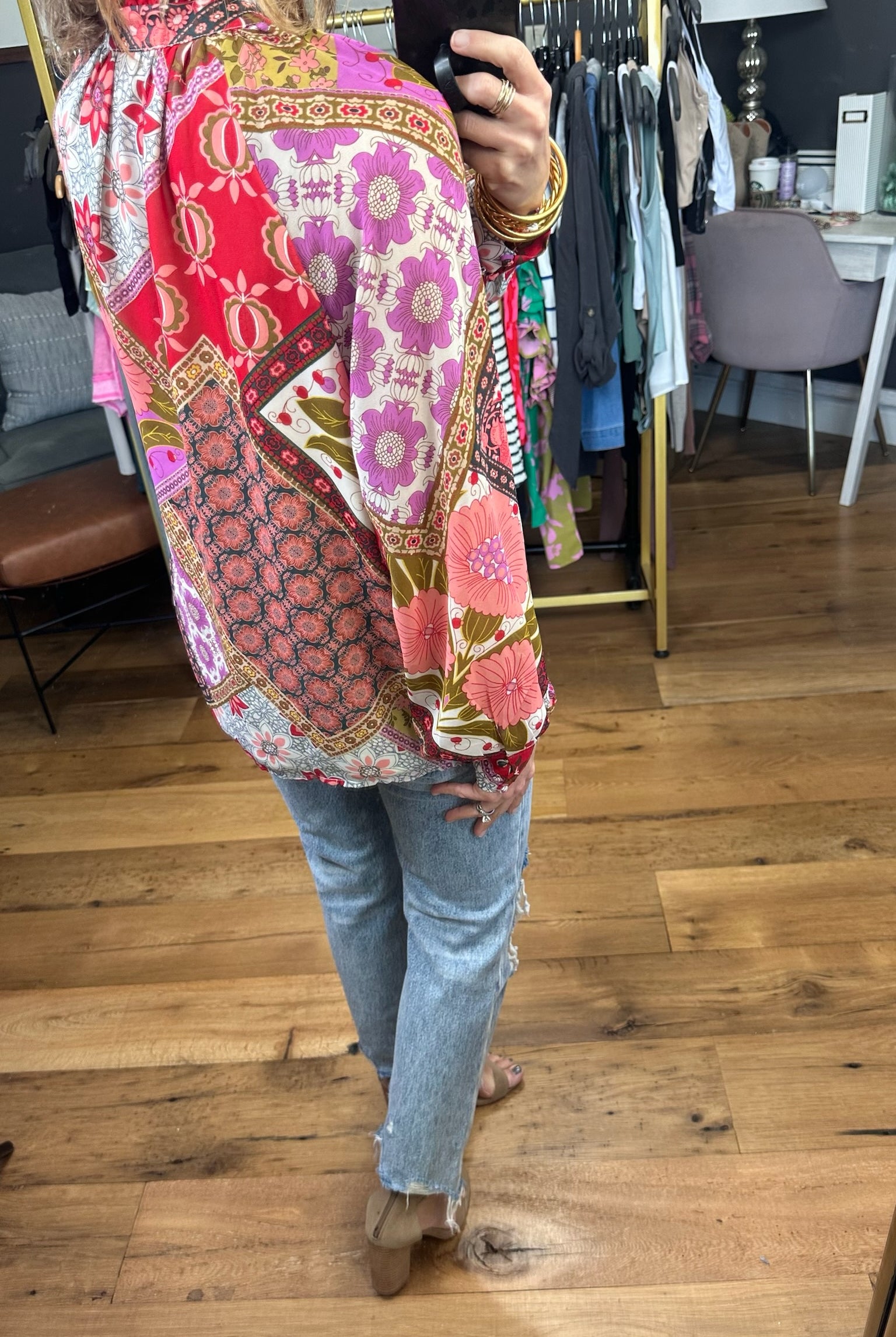 Love On Top Patterned Button-Down Top - Multi-Long Sleeves-Entro T22052-Anna Kaytes Boutique, Women's Fashion Boutique in Grinnell, Iowa