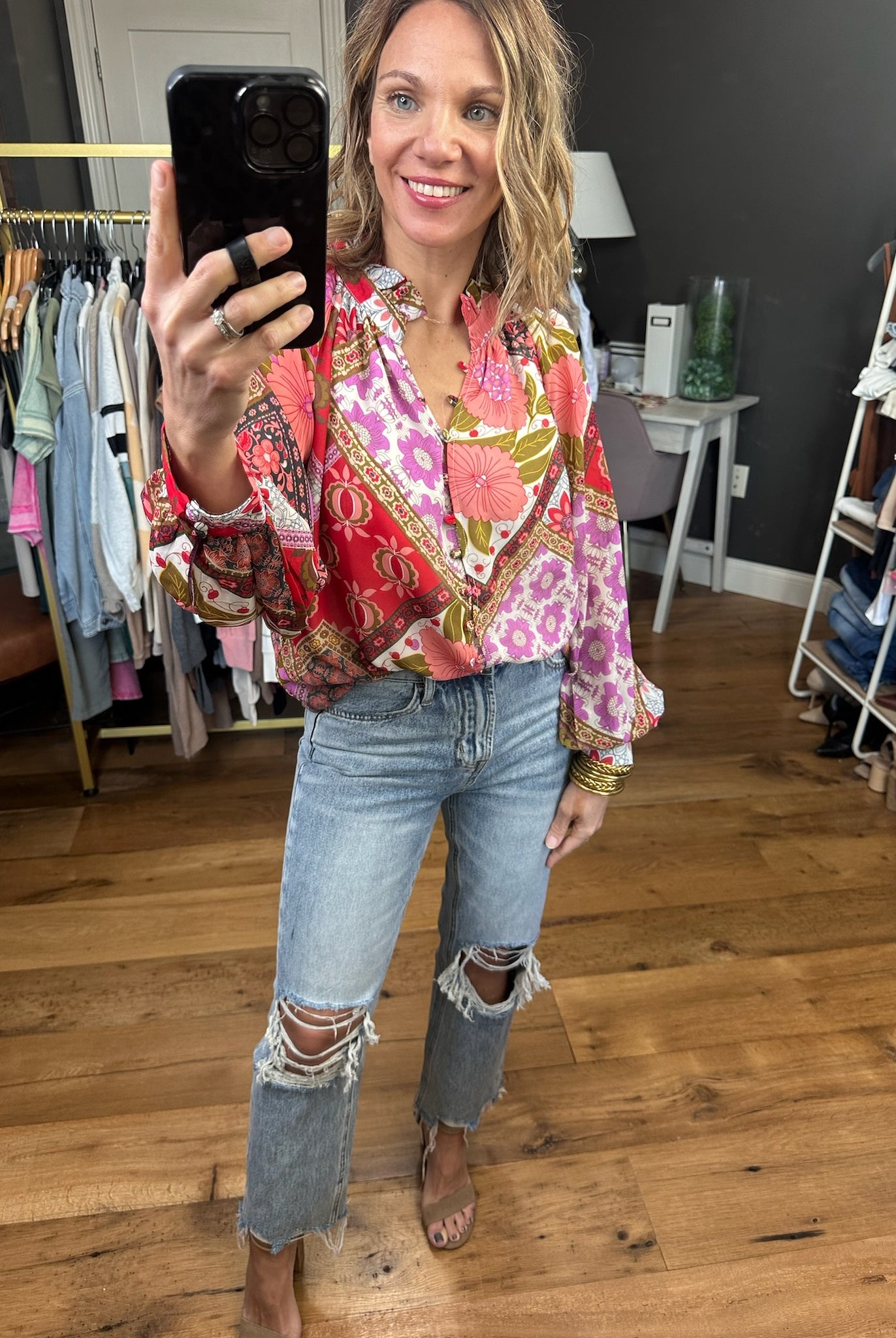 Love On Top Patterned Button-Down Top - Multi-Long Sleeves-Entro T22052-Anna Kaytes Boutique, Women's Fashion Boutique in Grinnell, Iowa