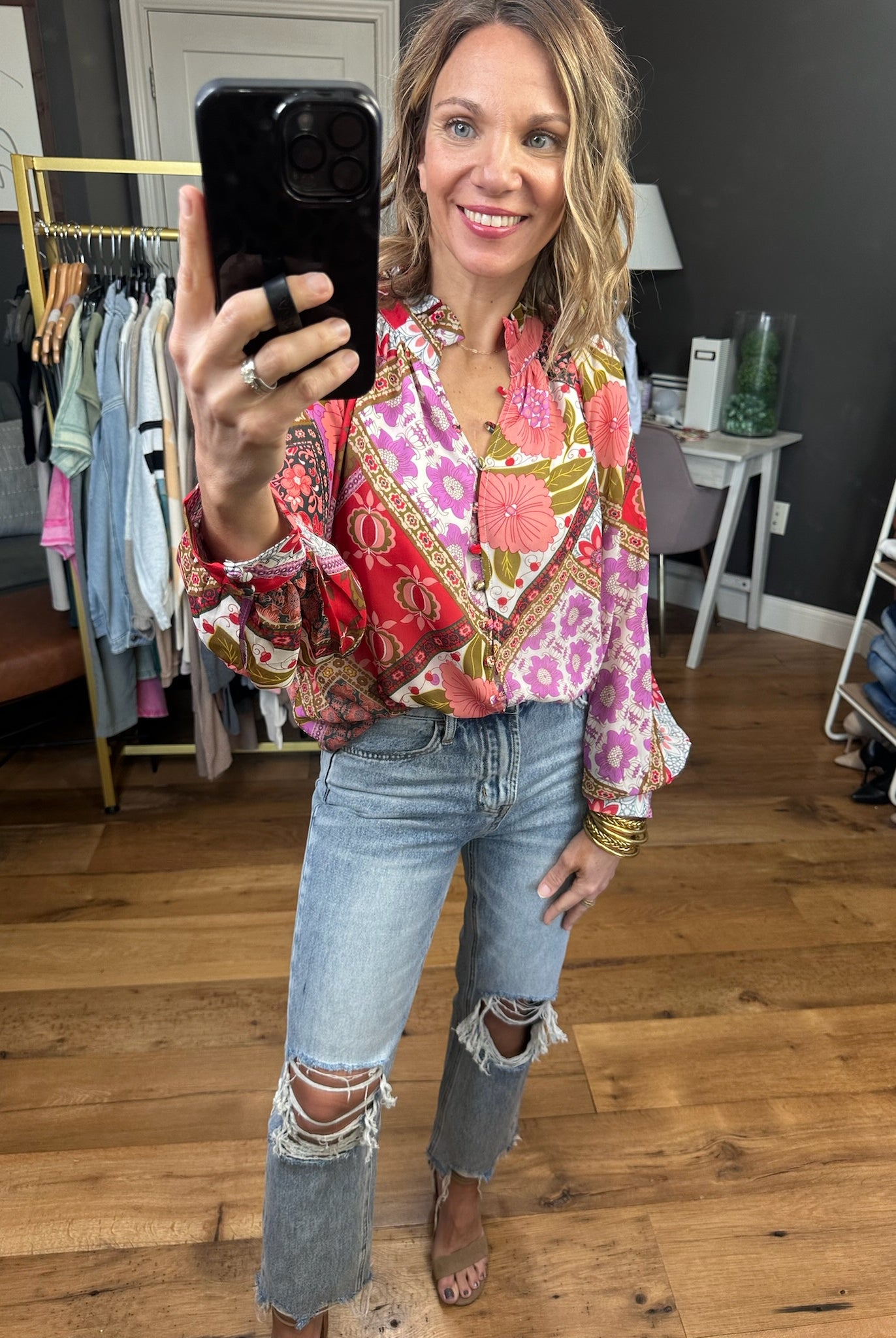 Love On Top Patterned Button-Down Top - Multi-Long Sleeves-Entro T22052-Anna Kaytes Boutique, Women's Fashion Boutique in Grinnell, Iowa