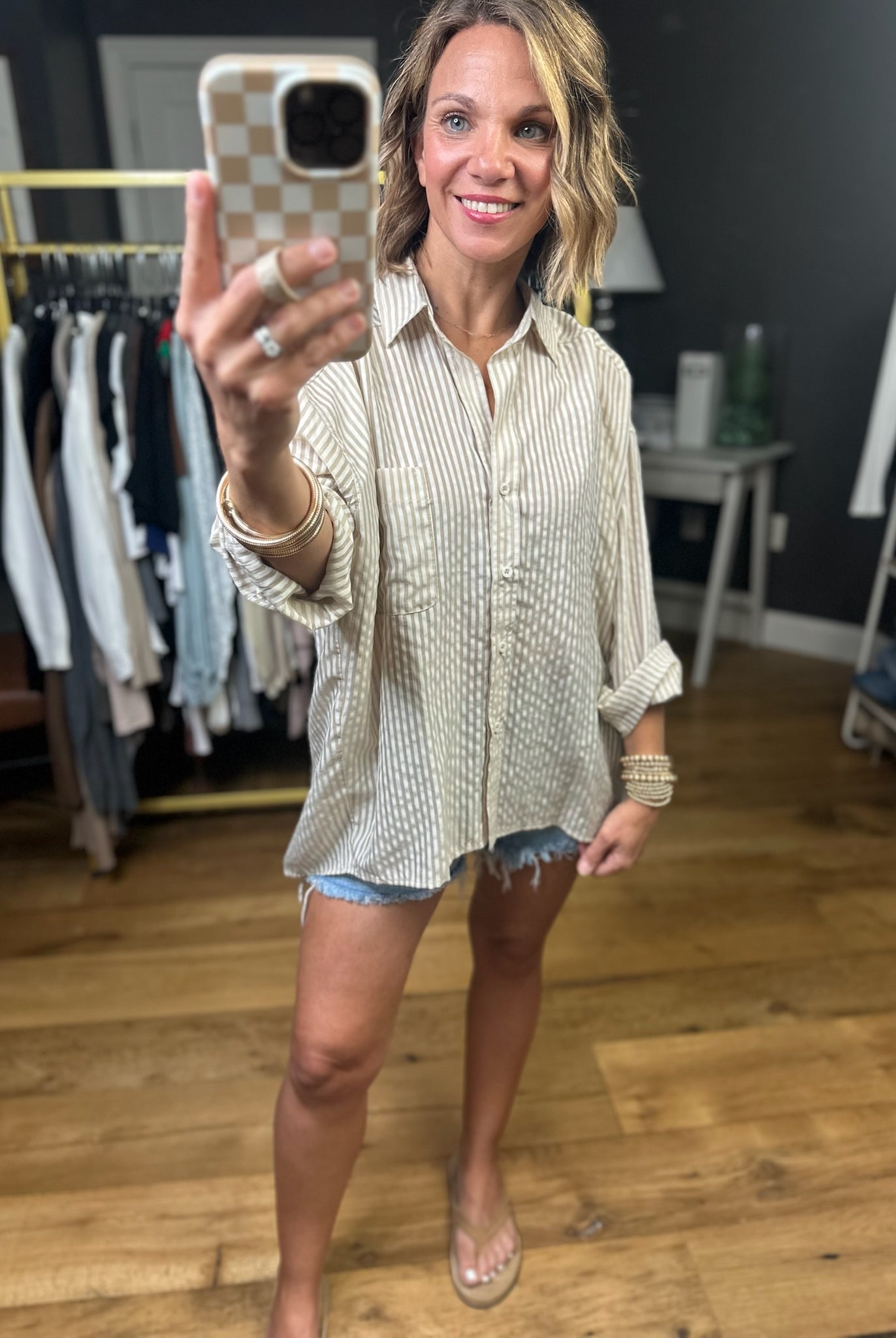 In Your Tracks Button-Down Striped Top - Light Khaki-Blu Pepper-Anna Kaytes Boutique, Women's Fashion Boutique in Grinnell, Iowa