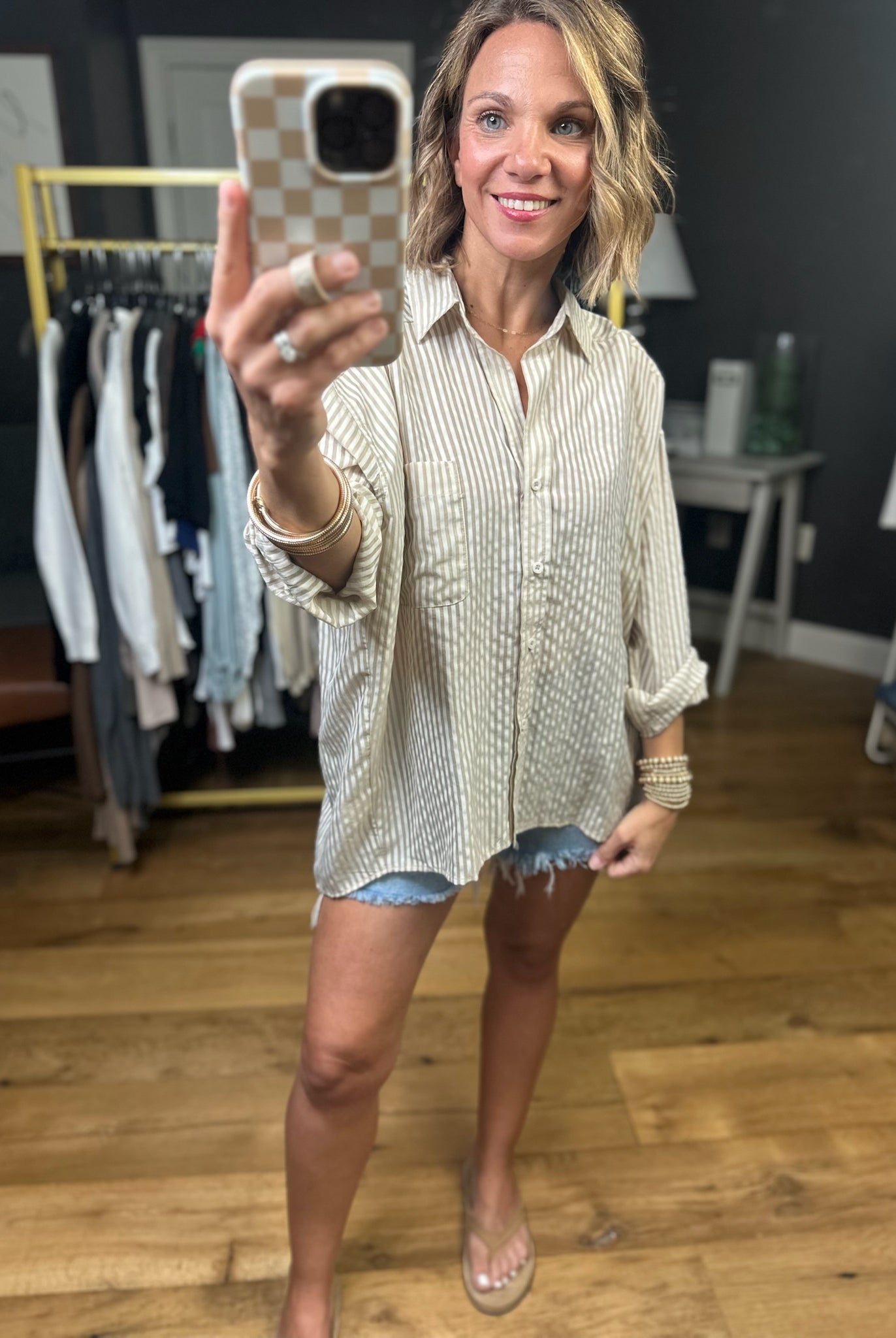 In Your Tracks Button-Down Striped Top - Light Khaki-Blu Pepper-Anna Kaytes Boutique, Women's Fashion Boutique in Grinnell, Iowa