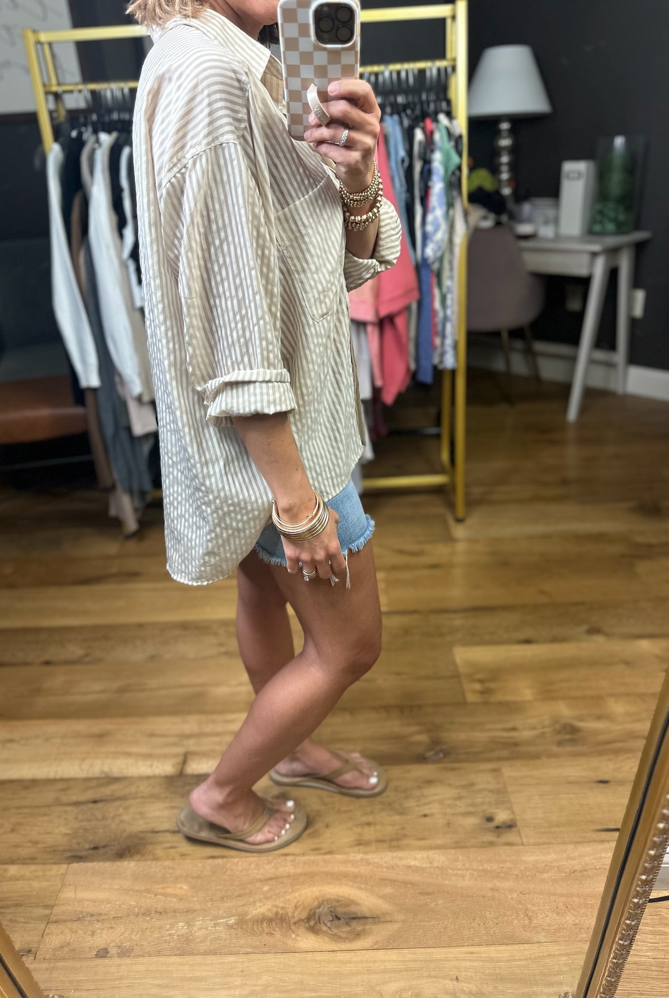 In Your Tracks Button-Down Striped Top - Light Khaki-Blu Pepper-Anna Kaytes Boutique, Women's Fashion Boutique in Grinnell, Iowa