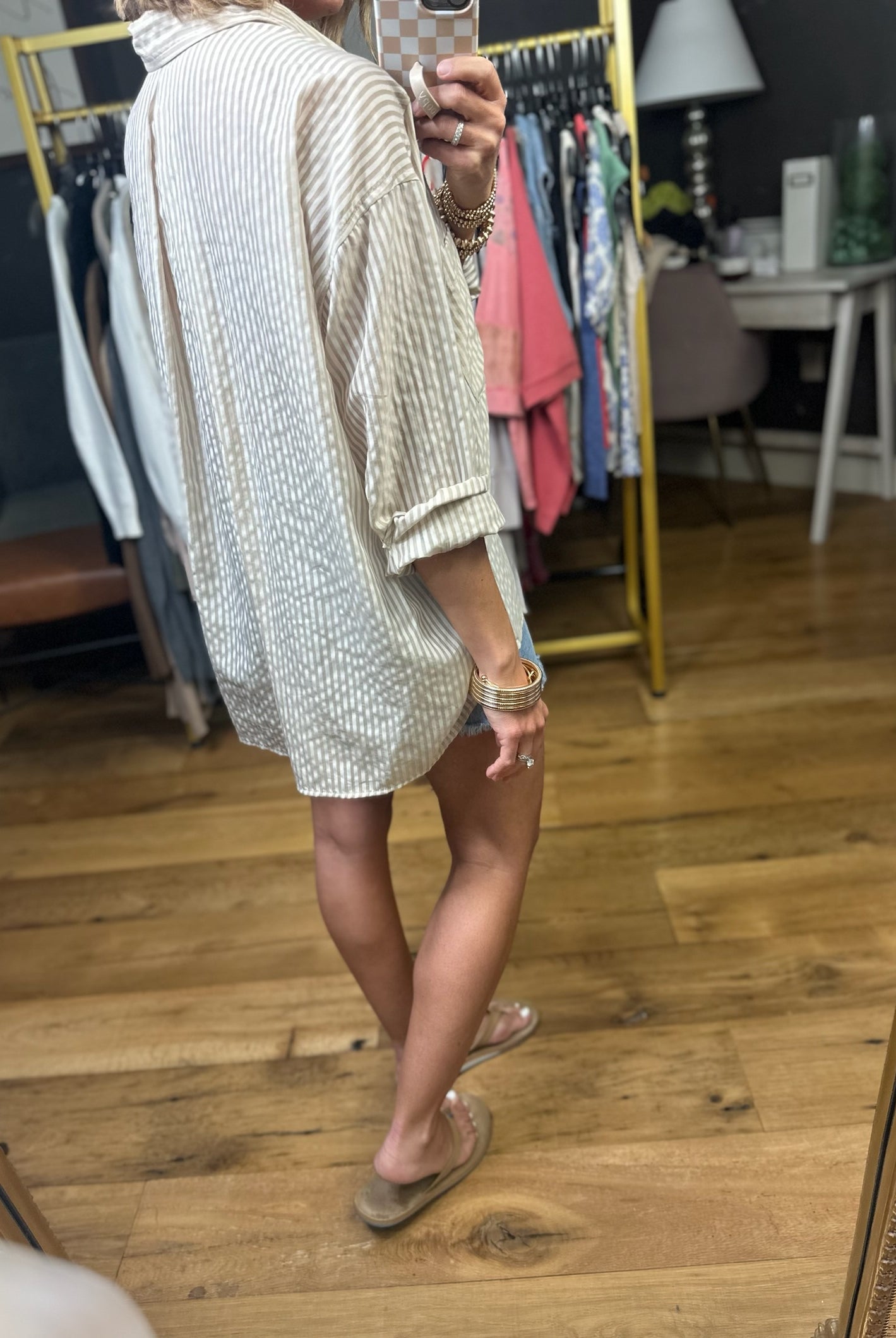 In Your Tracks Button-Down Striped Top - Light Khaki-Blu Pepper-Anna Kaytes Boutique, Women's Fashion Boutique in Grinnell, Iowa