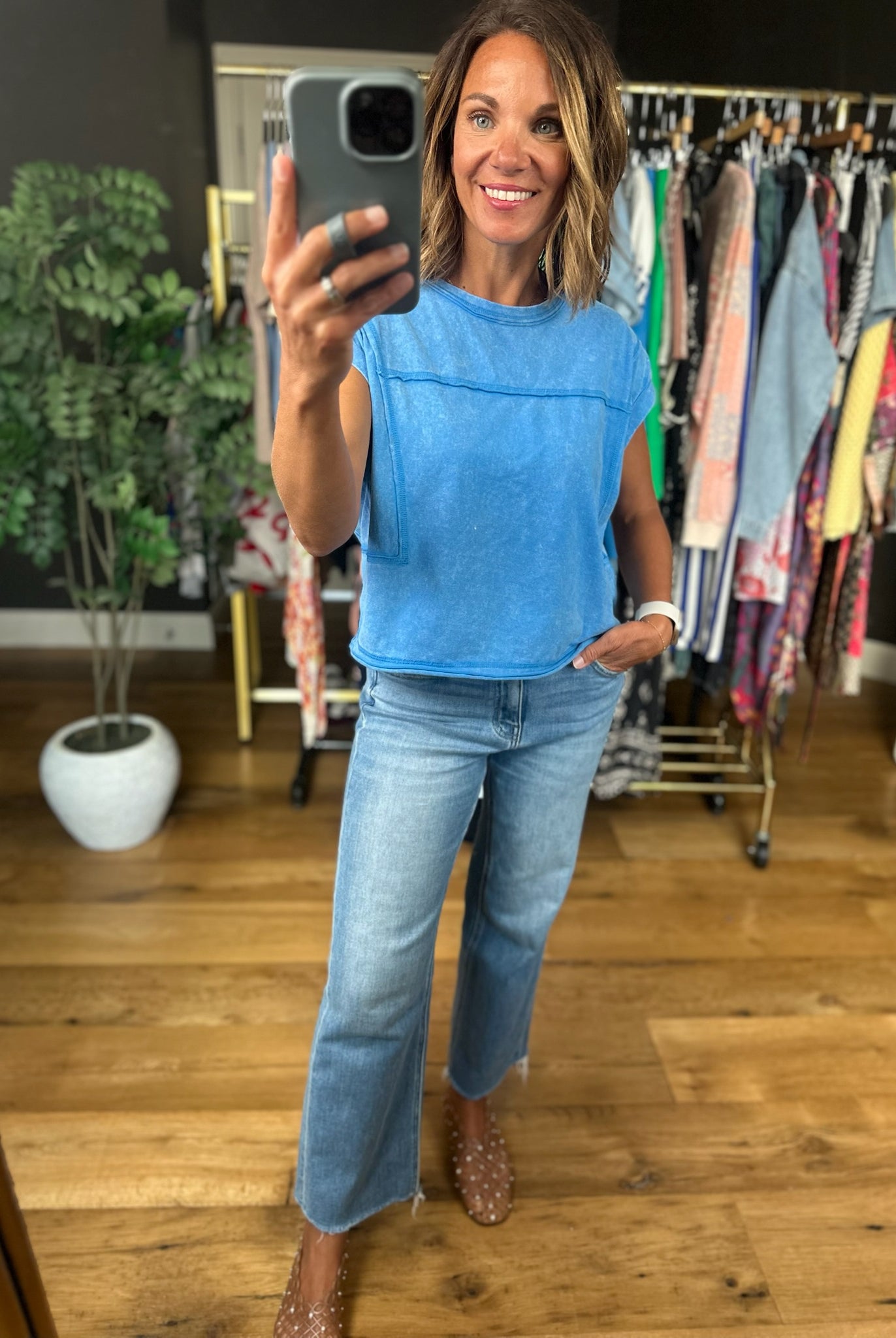 Blue Crush Raw Hem Washed Tee-Short Sleeves-Anna Kaytes Boutique-Anna Kaytes Boutique, Women's Fashion Boutique in Grinnell, Iowa