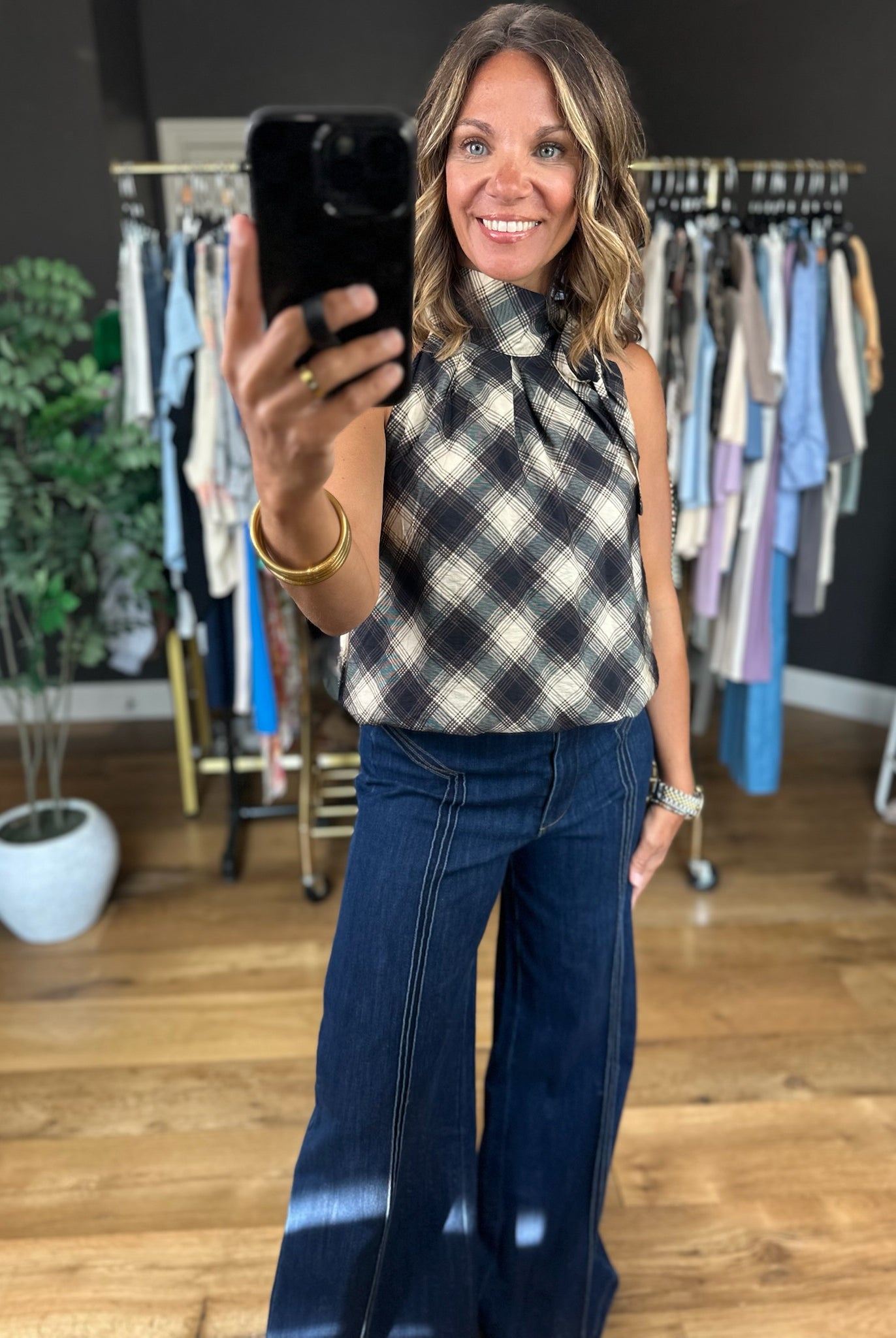 In My Notes Plaid Top-Sleeveless-THML-Anna Kaytes Boutique, Women's Fashion Boutique in Grinnell, Iowa