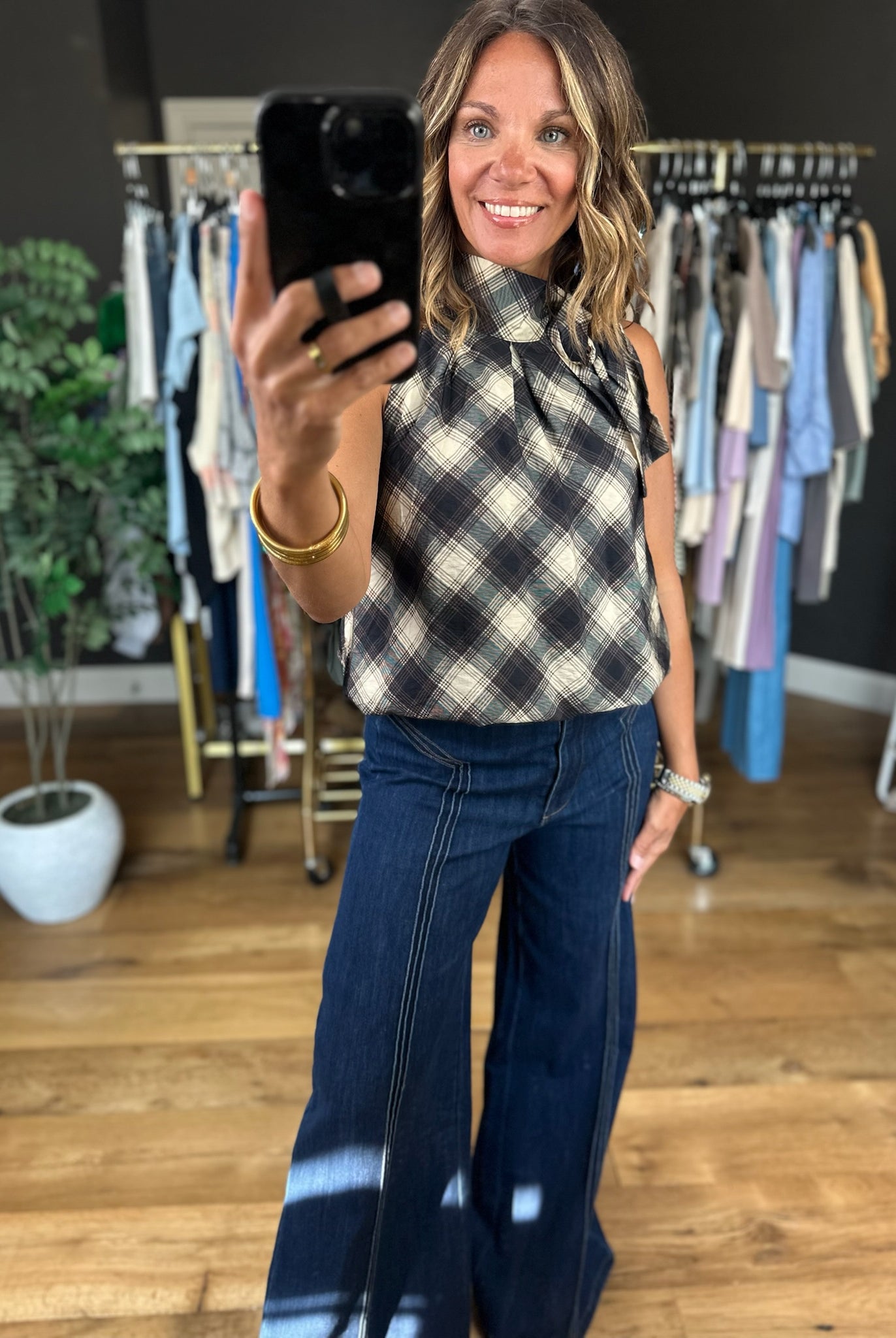 In My Notes Plaid Top-Sleeveless-THML-Anna Kaytes Boutique, Women's Fashion Boutique in Grinnell, Iowa