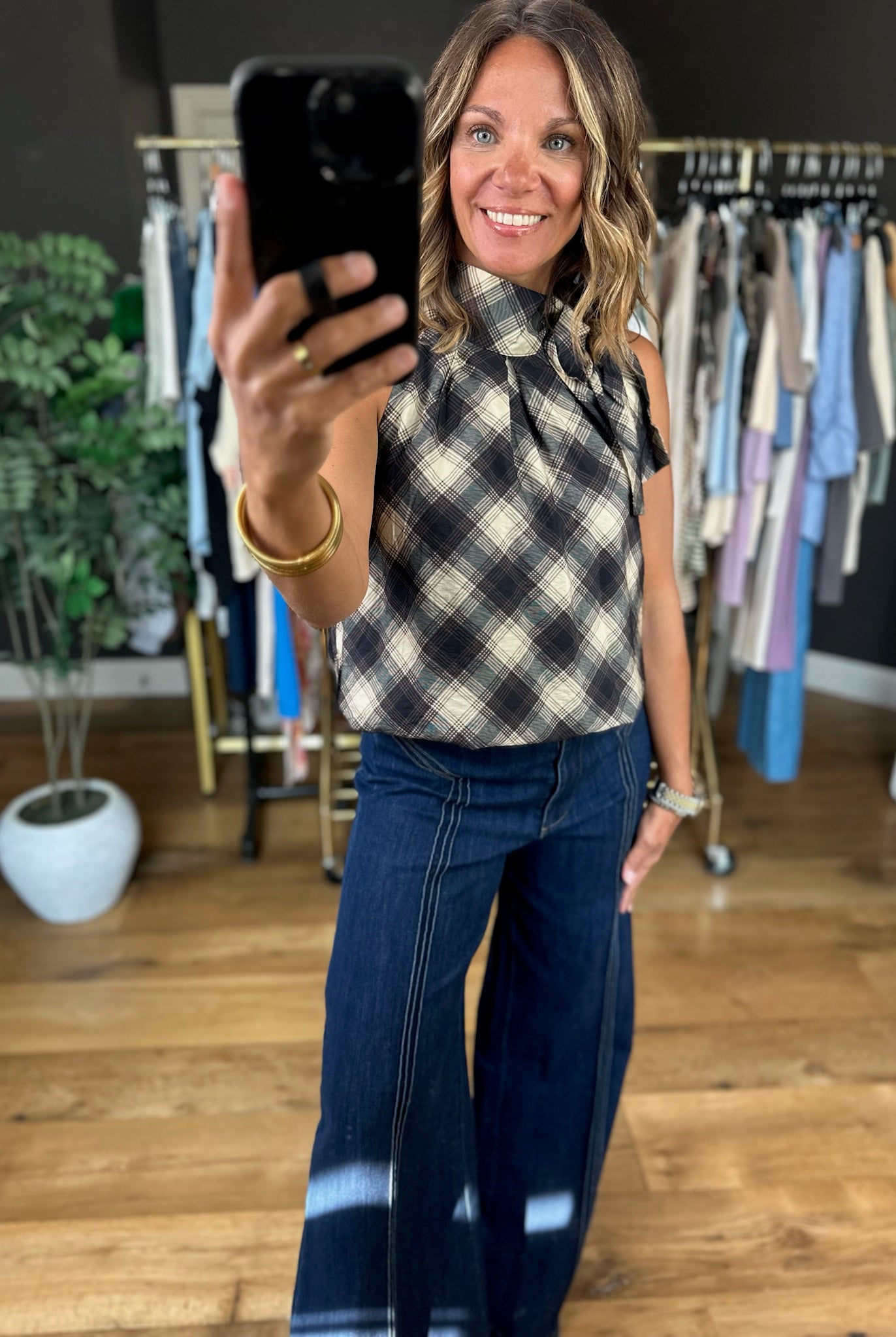 In My Notes Plaid Top-Sleeveless-THML-Anna Kaytes Boutique, Women's Fashion Boutique in Grinnell, Iowa