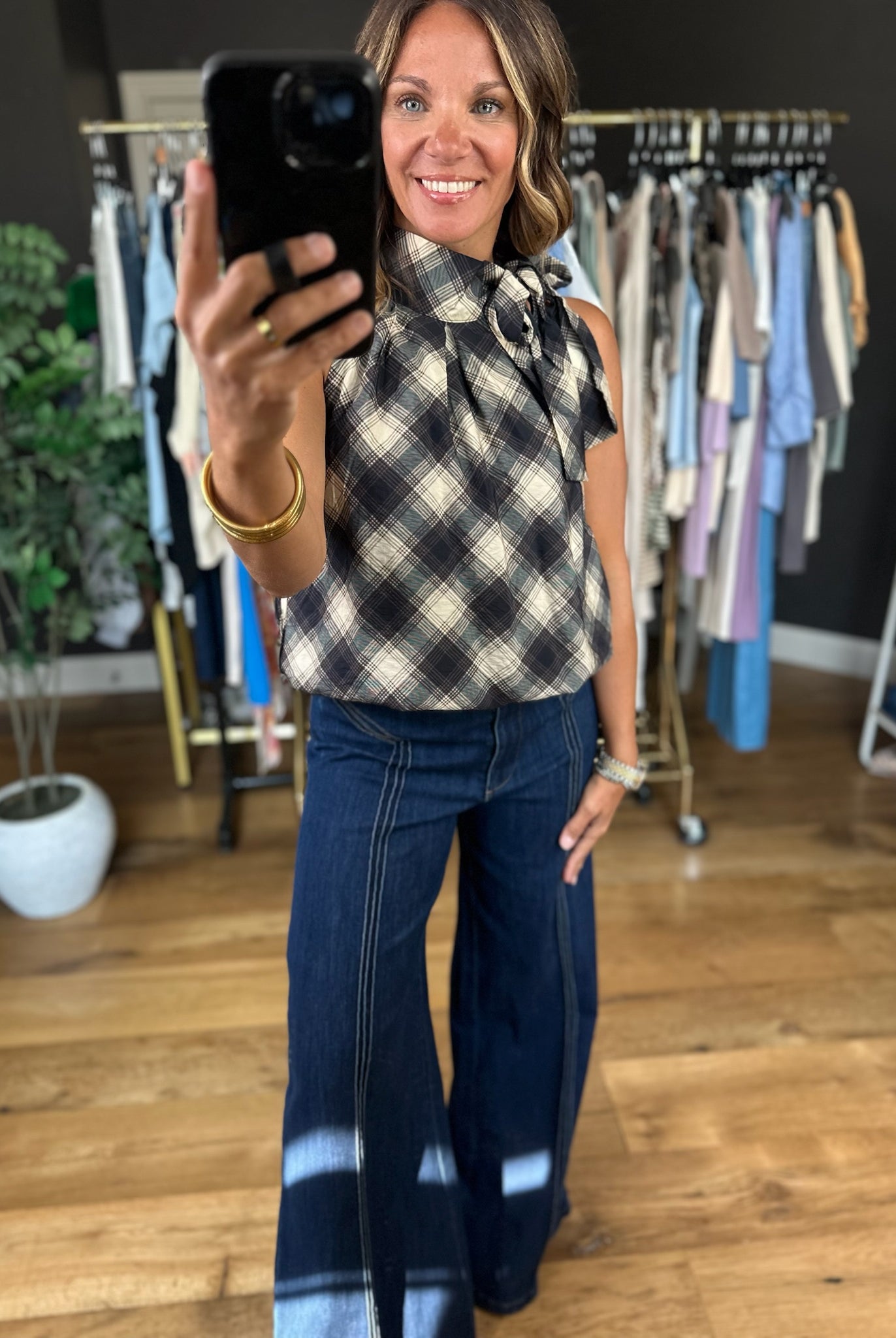 In My Notes Plaid Top-Sleeveless-THML-Anna Kaytes Boutique, Women's Fashion Boutique in Grinnell, Iowa