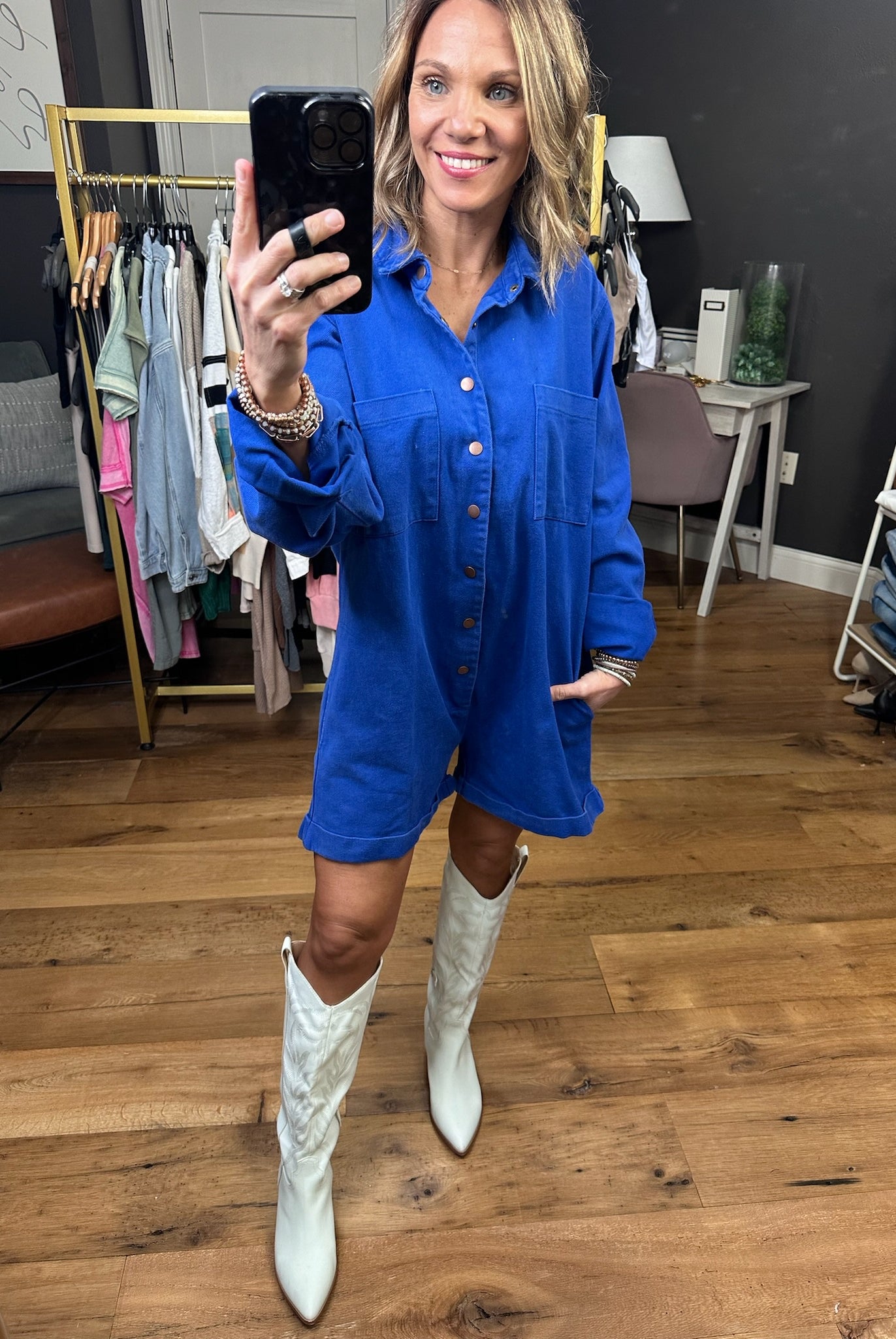 Broadway Babe Utility Button Romper - Blue-Rompers-Bucketlist IR5315-Anna Kaytes Boutique, Women's Fashion Boutique in Grinnell, Iowa