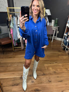 Broadway Babe Utility Button Romper - Blue-Rompers-Bucketlist IR5315-Anna Kaytes Boutique, Women's Fashion Boutique in Grinnell, Iowa