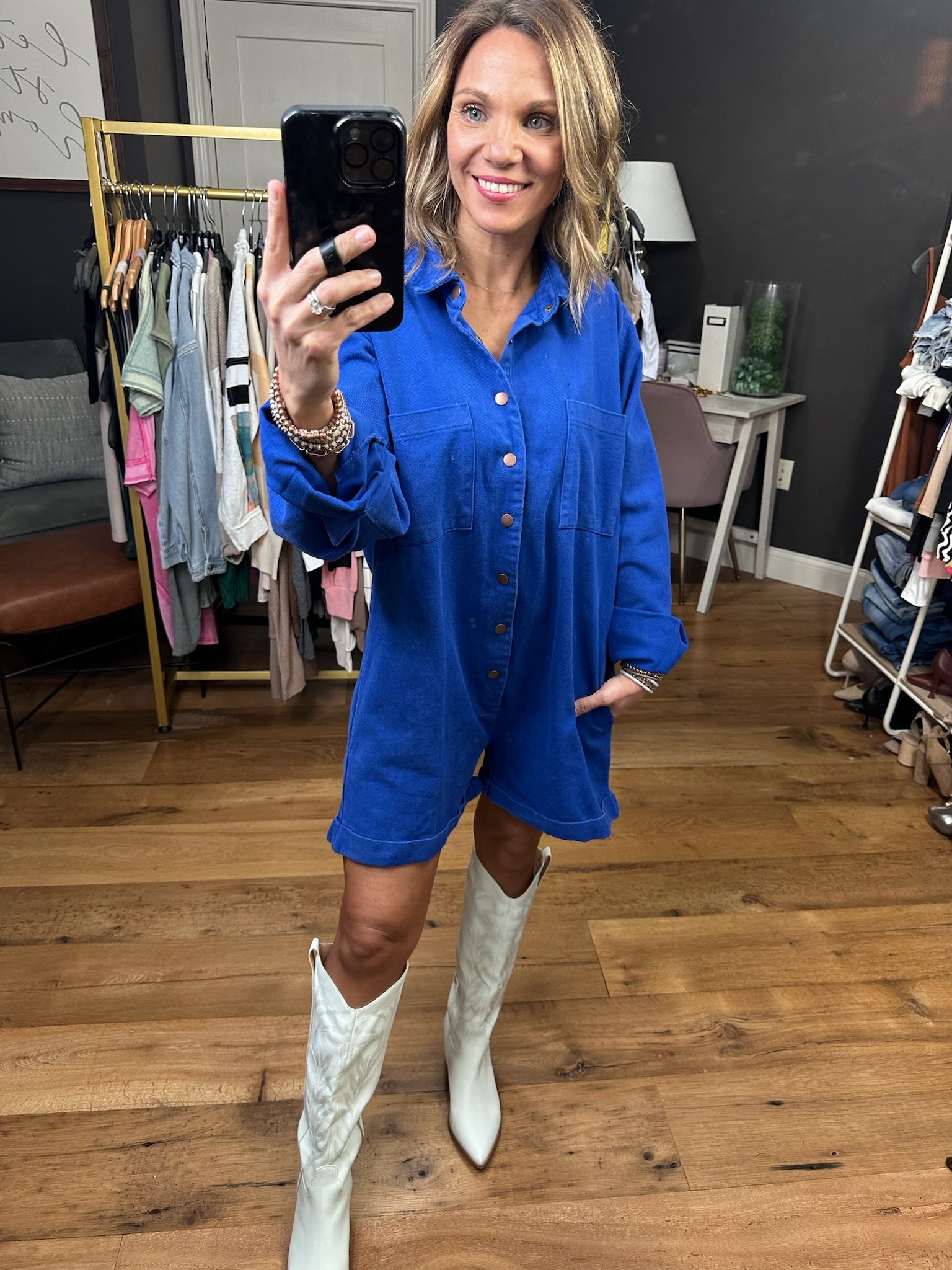 Broadway Babe Utility Button Romper - Blue-Rompers-Bucketlist IR5315-Anna Kaytes Boutique, Women's Fashion Boutique in Grinnell, Iowa