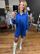 Broadway Babe Utility Button Romper - Blue-Rompers-Bucketlist IR5315-Anna Kaytes Boutique, Women's Fashion Boutique in Grinnell, Iowa