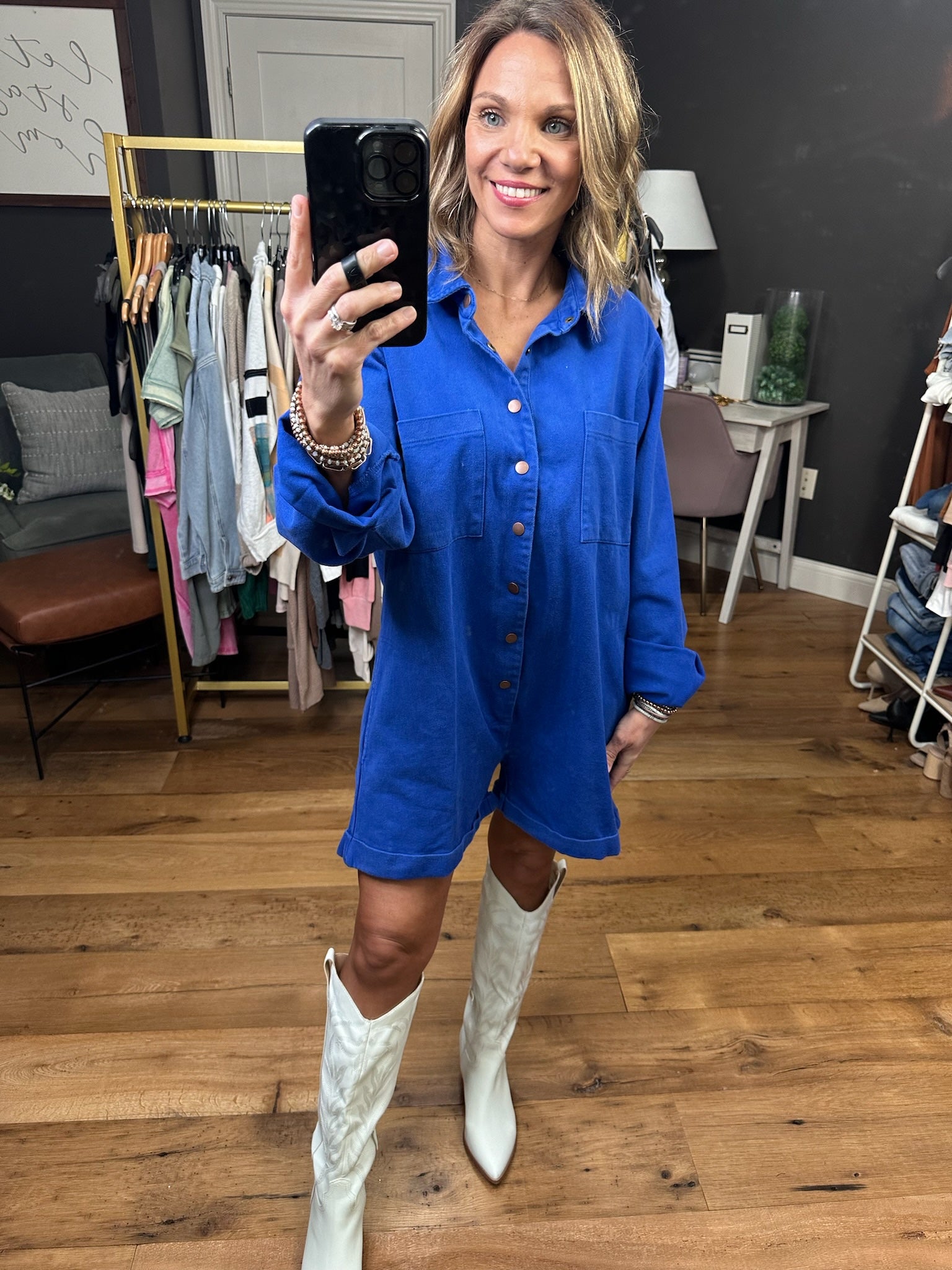 Broadway Babe Utility Button Romper - Blue-Rompers-Bucketlist IR5315-Anna Kaytes Boutique, Women's Fashion Boutique in Grinnell, Iowa