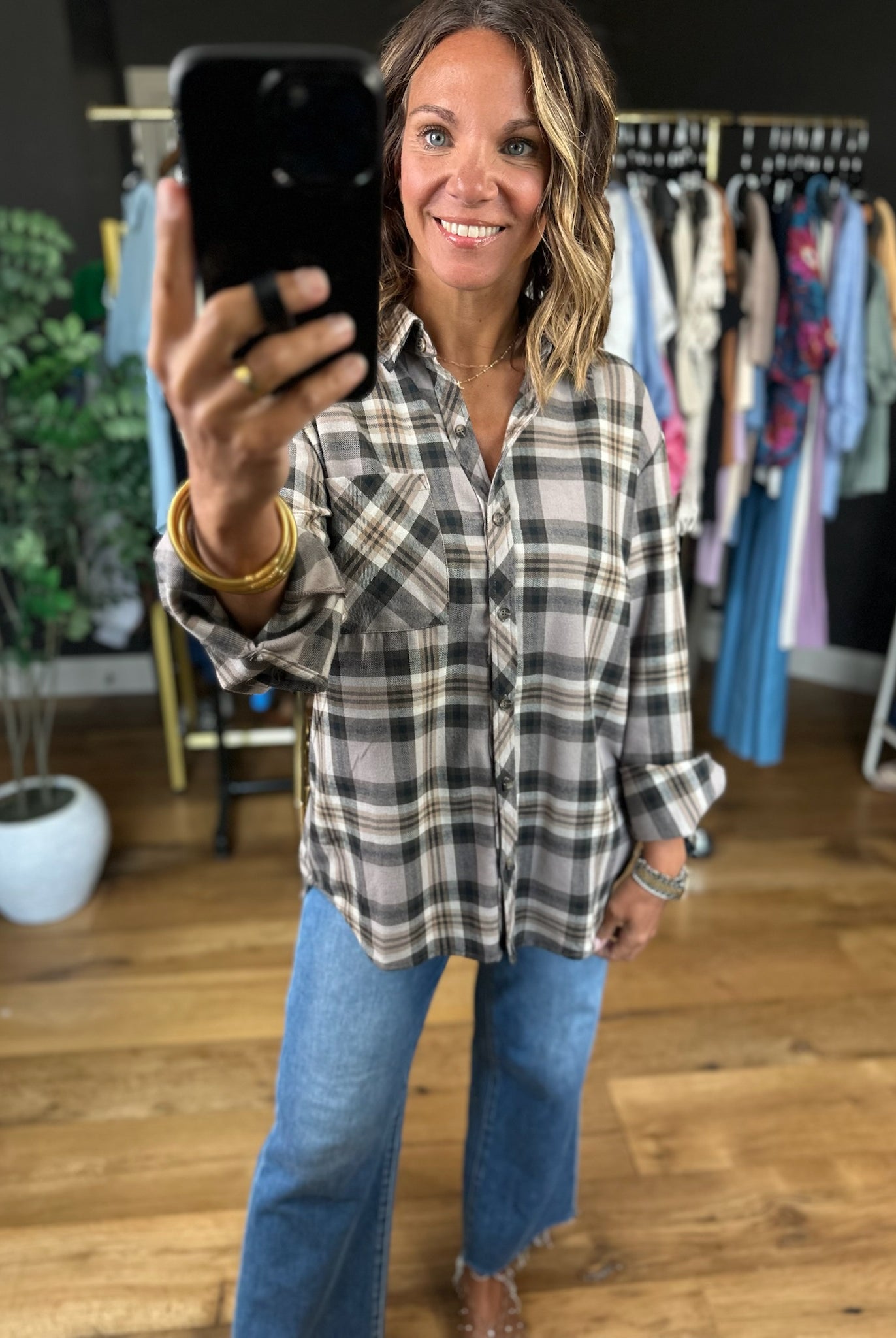 Fireside Chat Plaid Button-Down-Long Sleeves-be cool-Anna Kaytes Boutique, Women's Fashion Boutique in Grinnell, Iowa