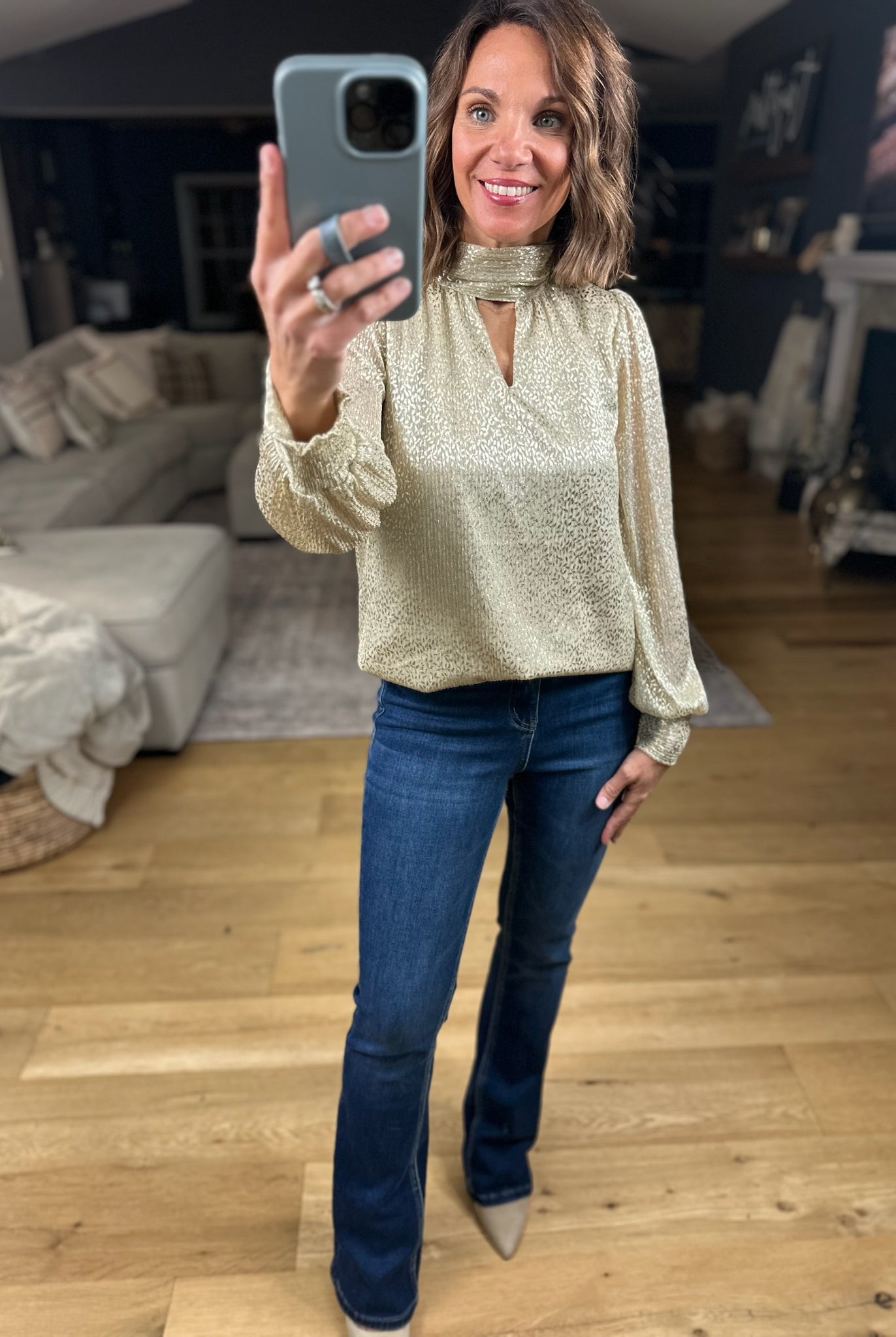 Sweetest Dreams Keyhole Long Sleeve Top - Gold-Long Sleeves-Skies Are Blue-Anna Kaytes Boutique, Women's Fashion Boutique in Grinnell, Iowa