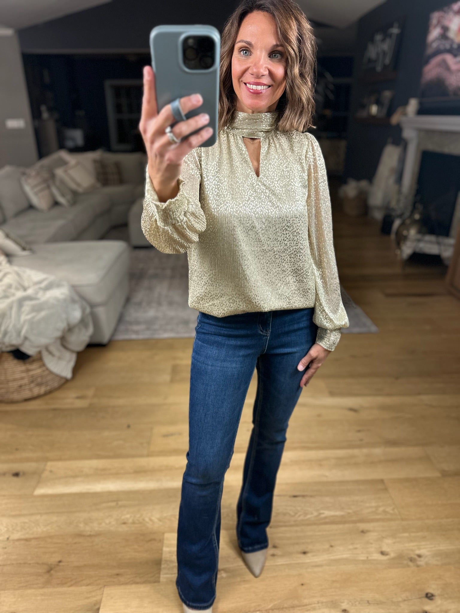 Sweetest Dreams Keyhole Long Sleeve Top - Gold-Long Sleeves-Skies Are Blue-Anna Kaytes Boutique, Women's Fashion Boutique in Grinnell, Iowa