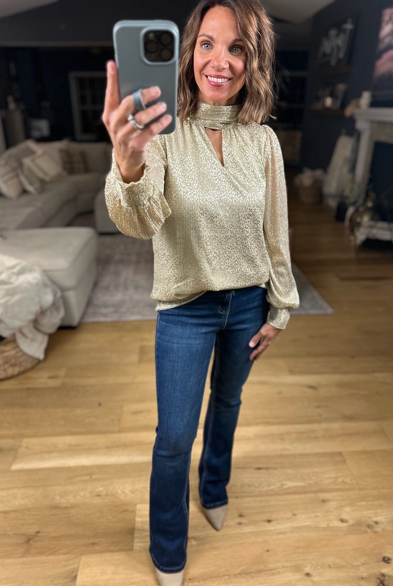 Sweetest Dreams Keyhole Long Sleeve Top - Gold-Long Sleeves-Skies Are Blue-Anna Kaytes Boutique, Women's Fashion Boutique in Grinnell, Iowa